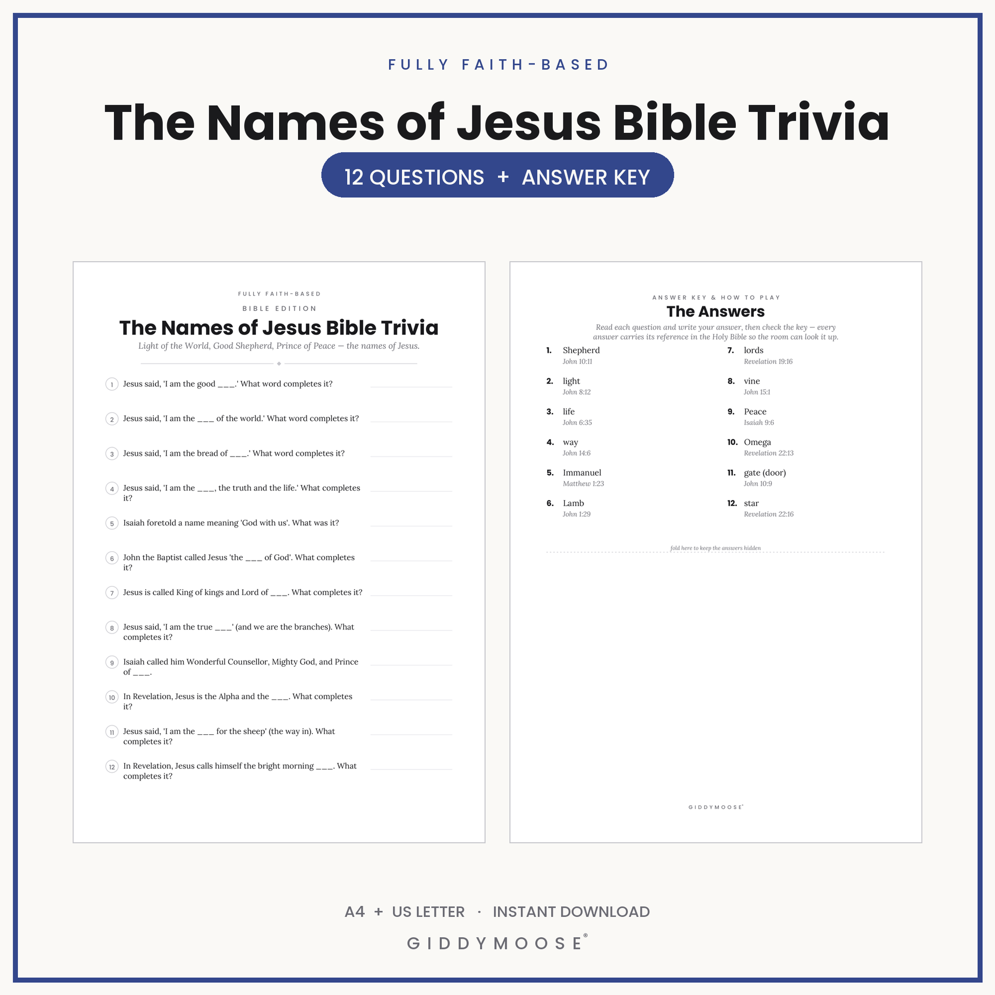 Names of Jesus Bible Trivia Printable