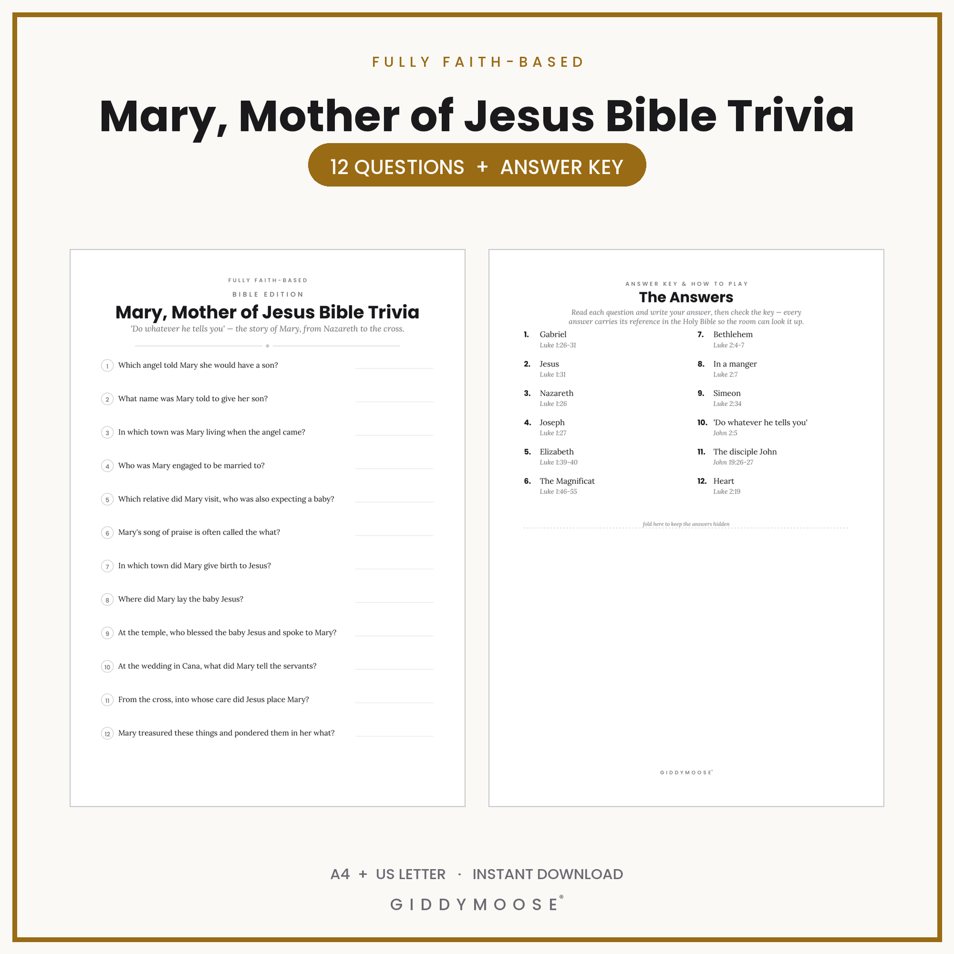 Mary Mother of Jesus Bible Trivia Printable