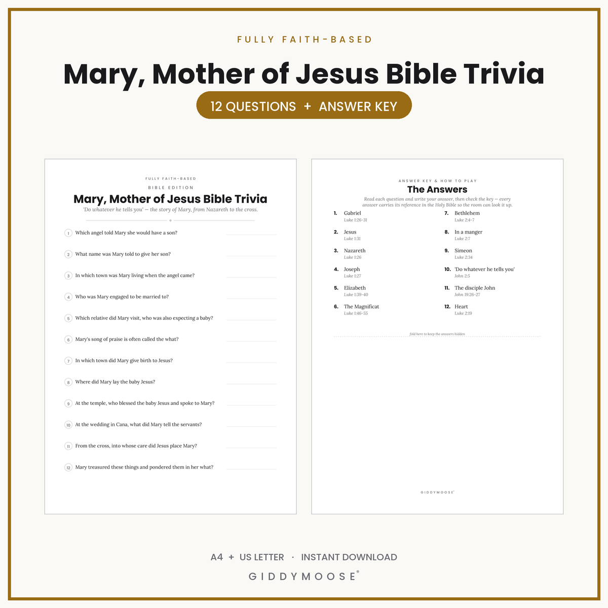 Mary Mother of Jesus Bible Trivia Printable