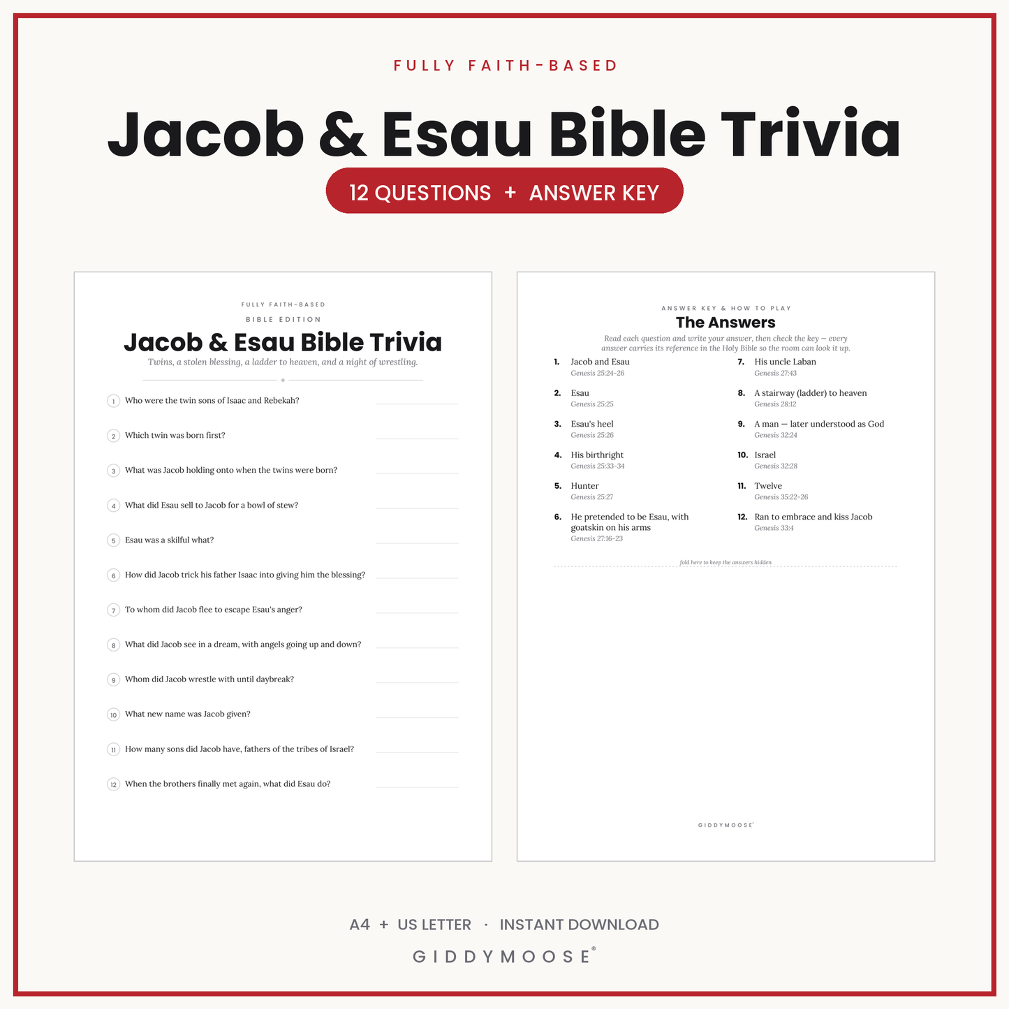 Jacob and Esau Bible Trivia Printable
