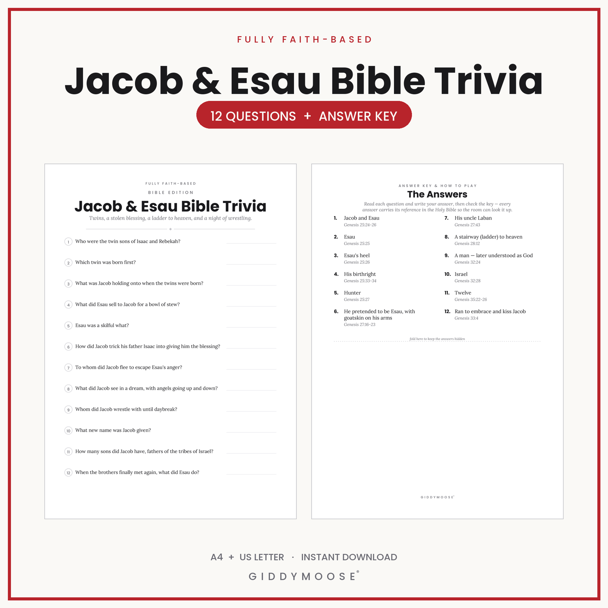 Jacob and Esau Bible Trivia Printable