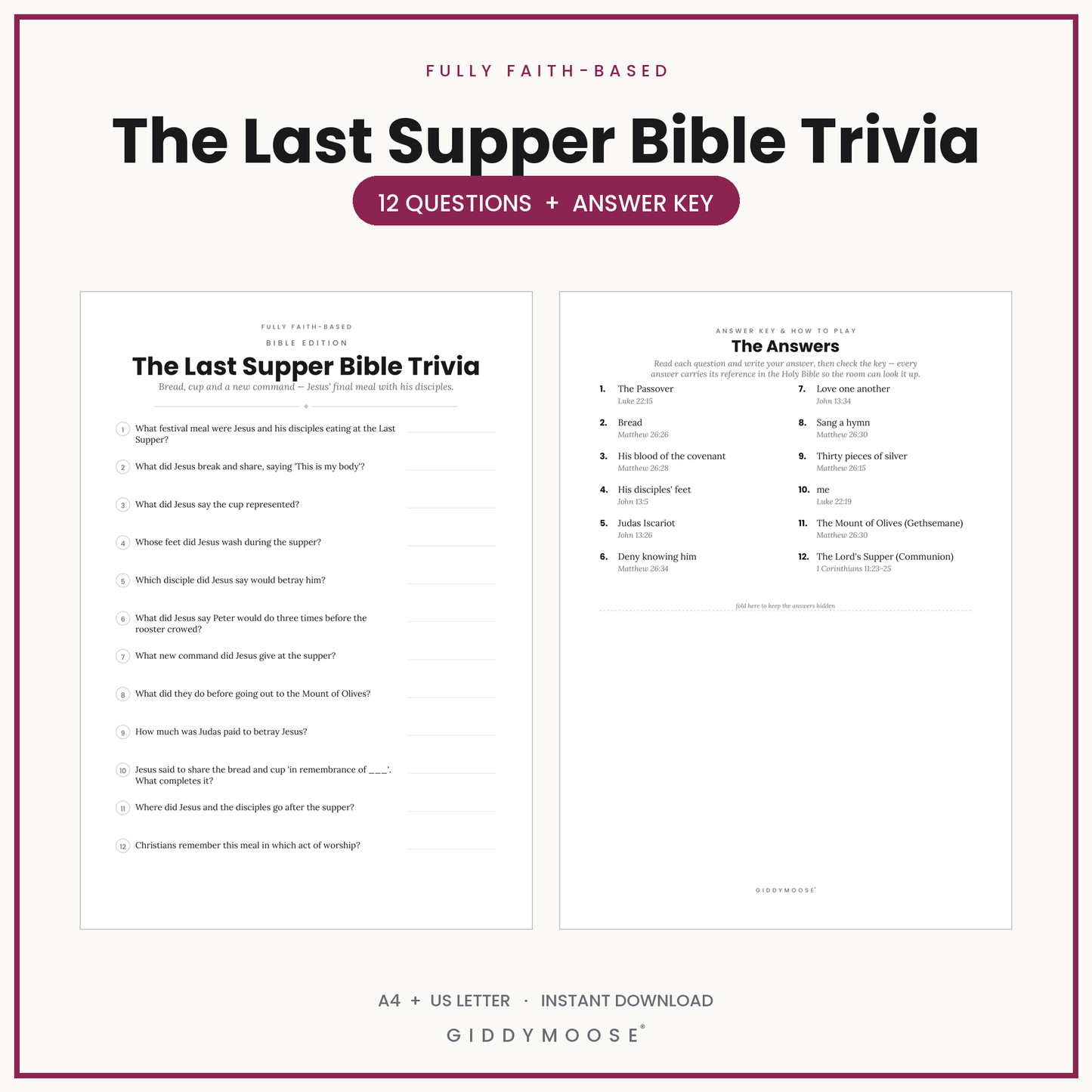 The Last Supper Bible Trivia Printable