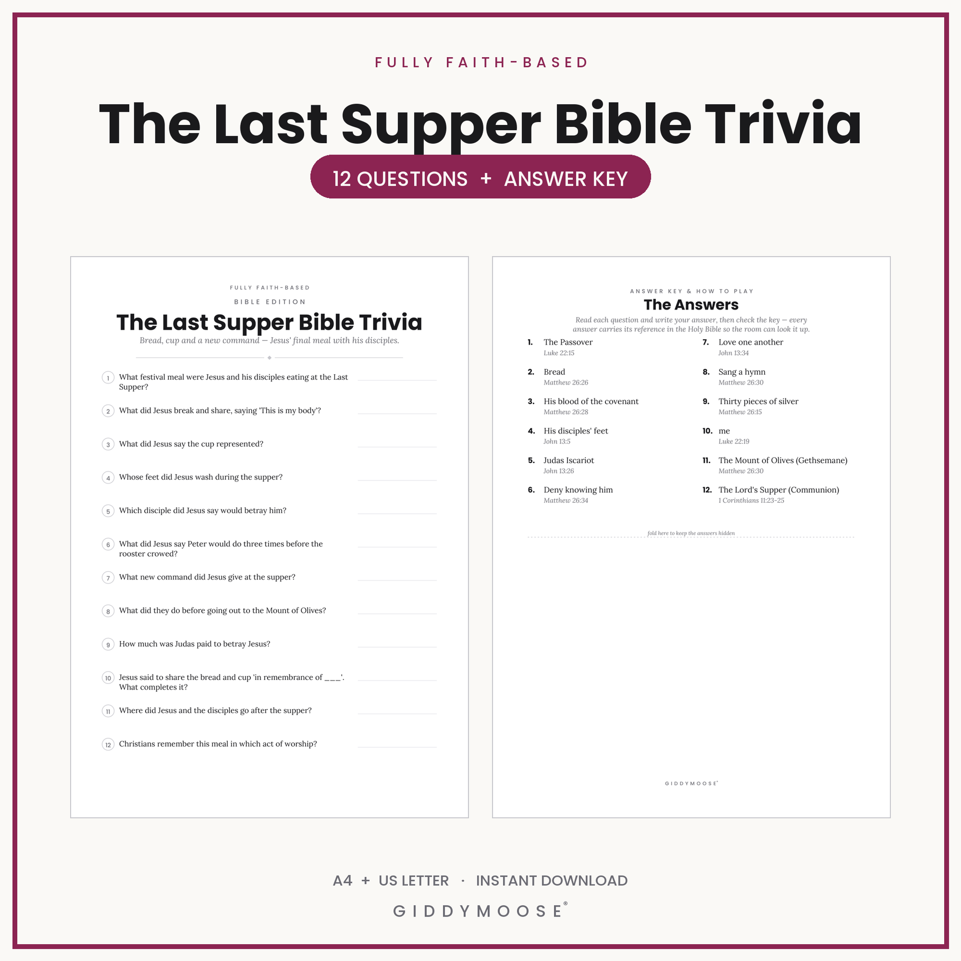 The Last Supper Bible Trivia Printable