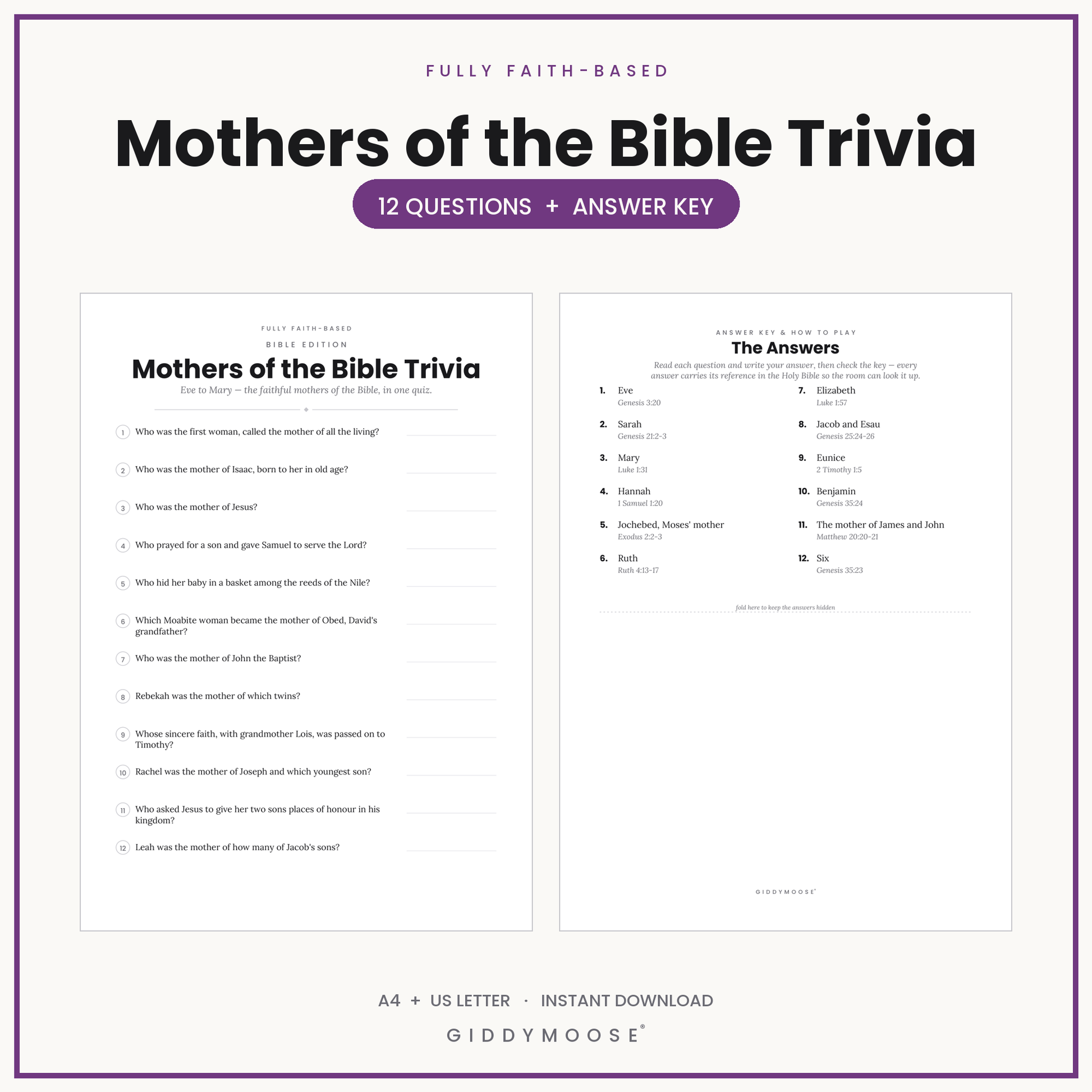 Mothers of the Bible Trivia Printable