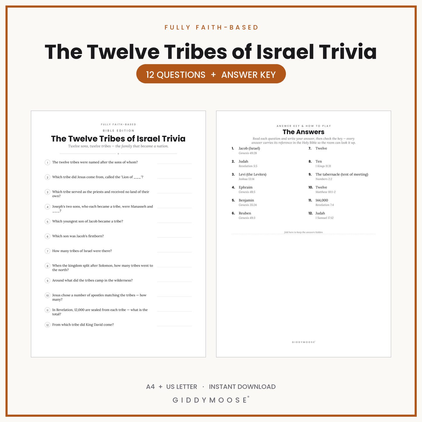 Twelve Tribes of Israel Bible Trivia Printable