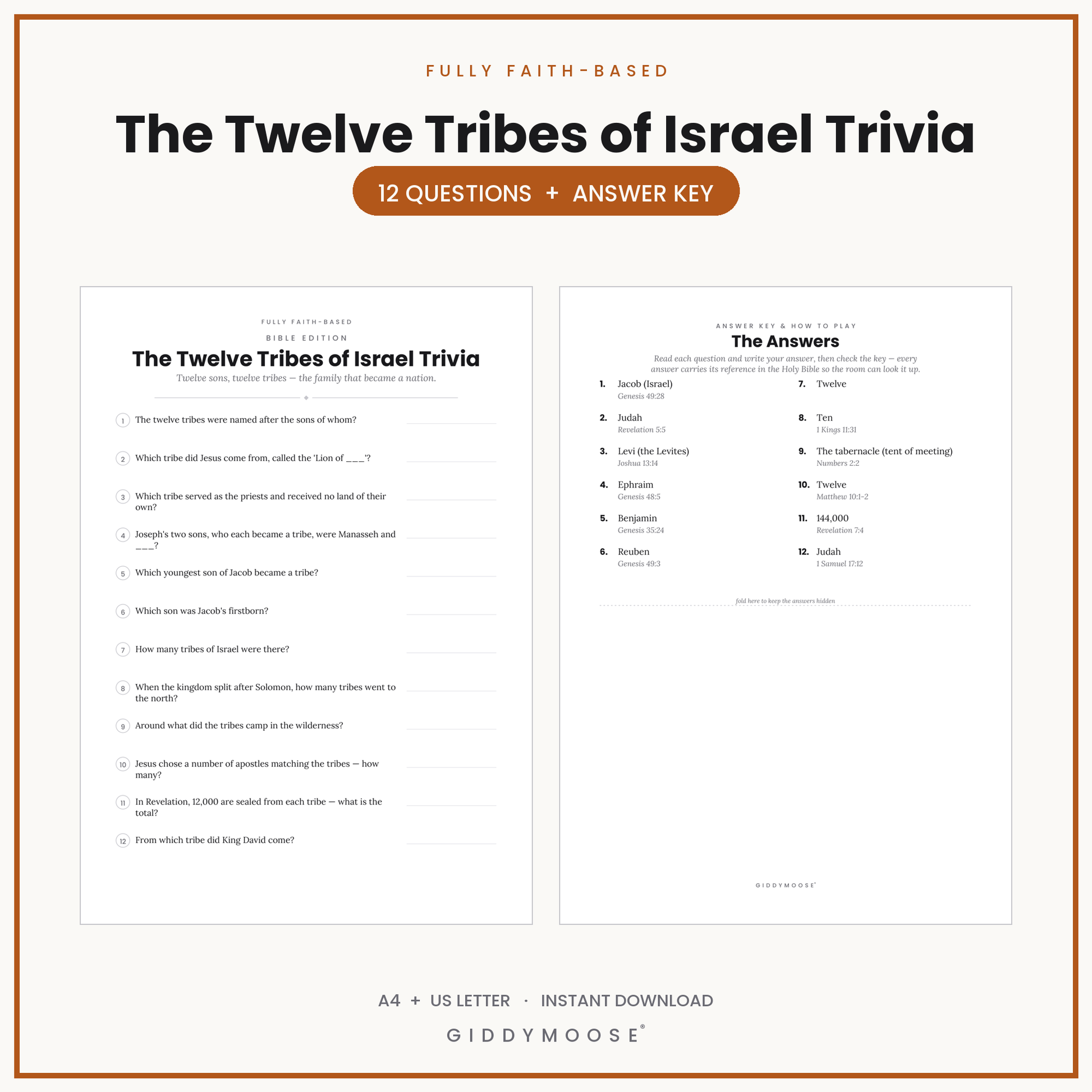 Twelve Tribes of Israel Bible Trivia Printable