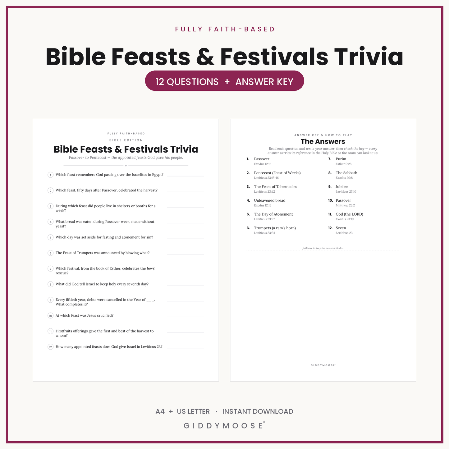 Bible Feasts and Festivals Trivia Printable