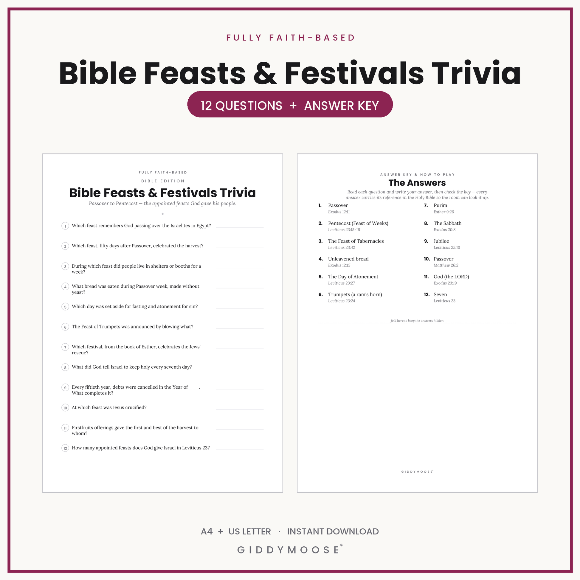 Bible Feasts and Festivals Trivia Printable