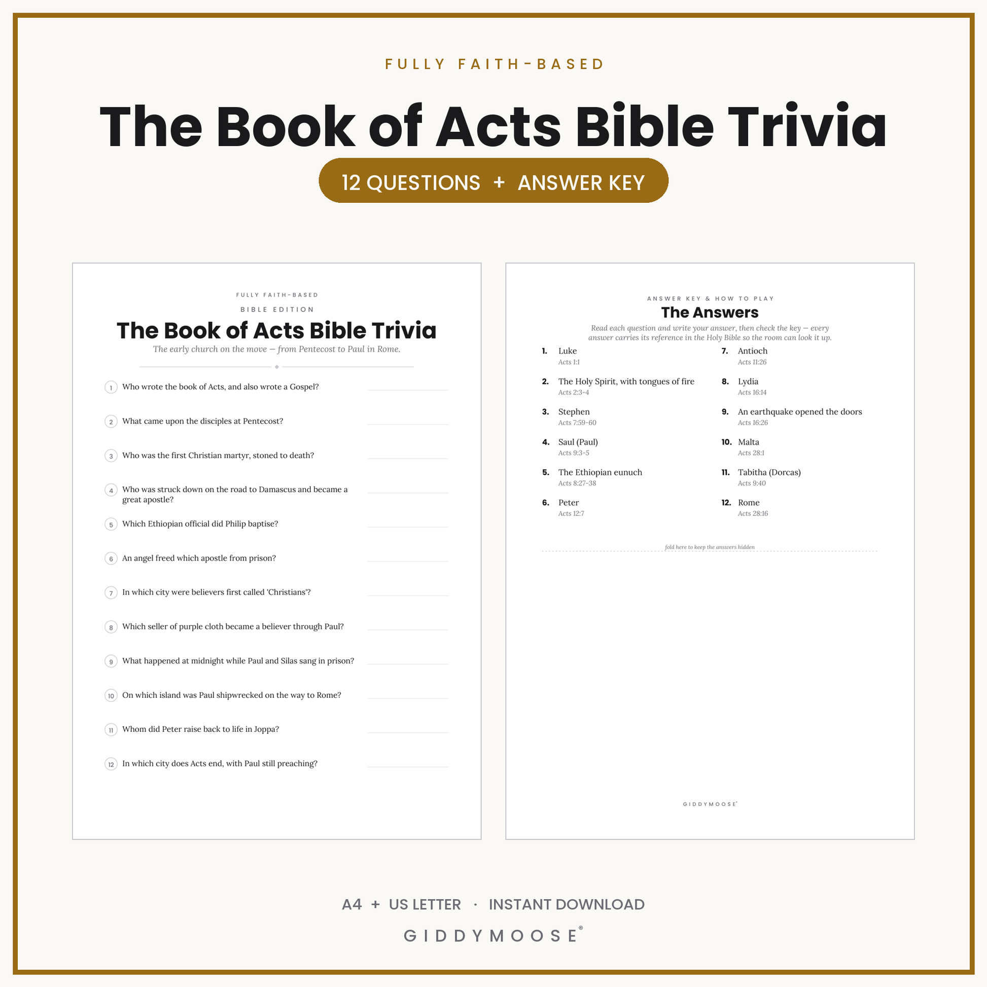 Book of Acts Bible Trivia Printable