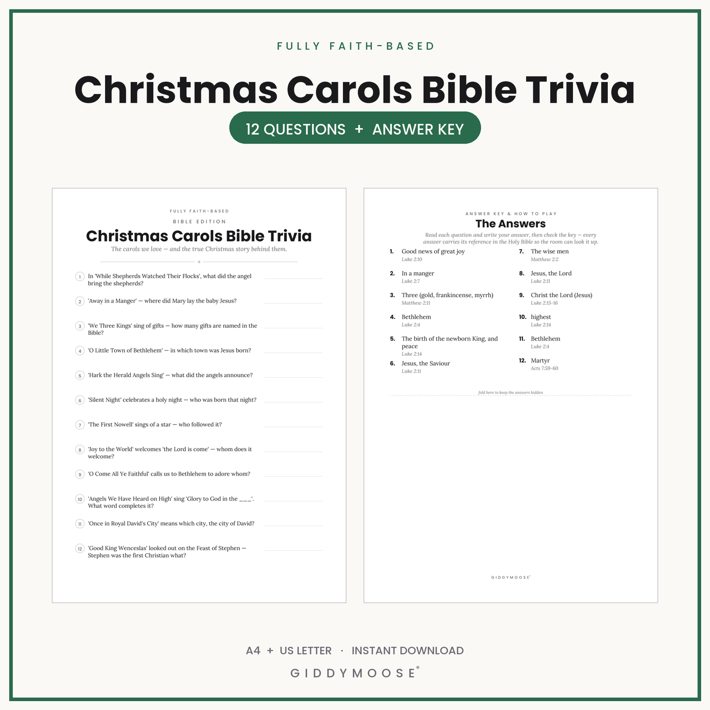 Christmas Carols Bible Trivia Printable