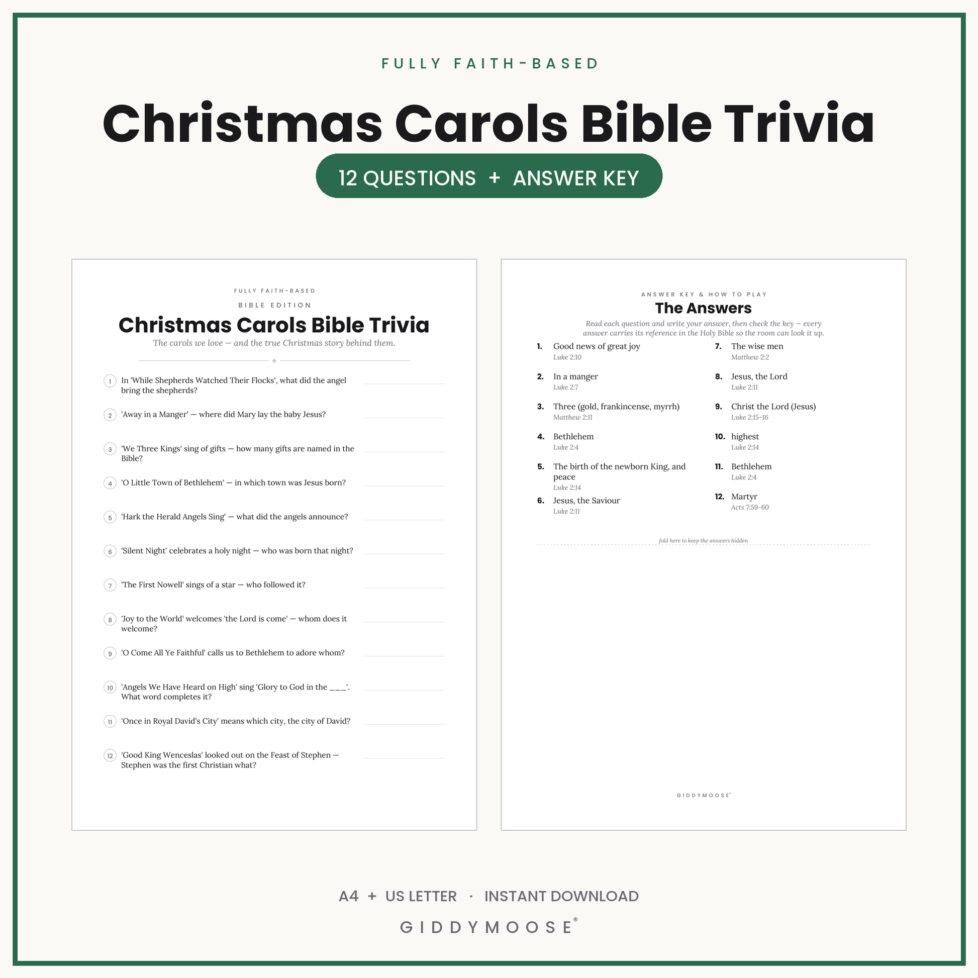 Christmas Carols Bible Trivia Printable
