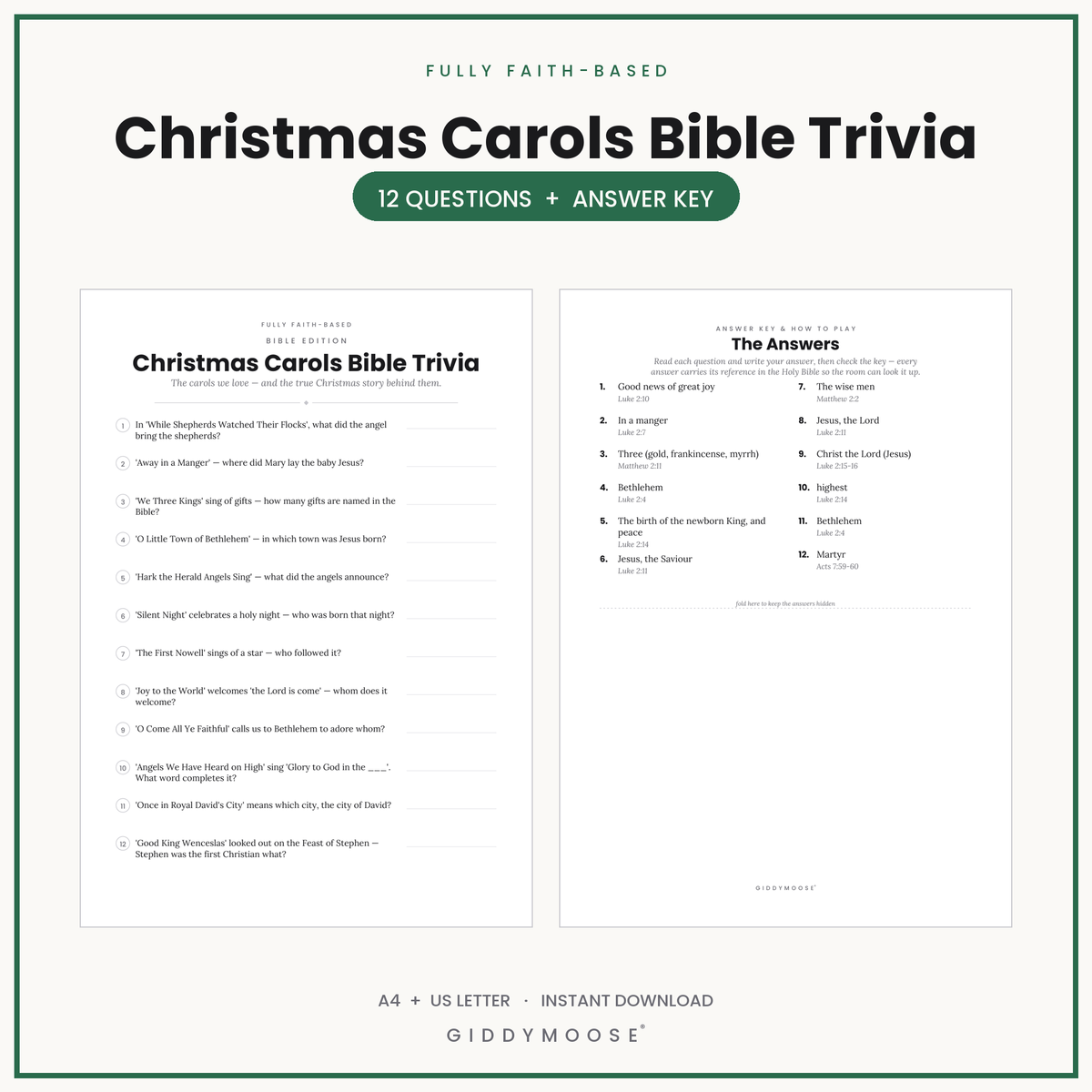 Christmas Carols Bible Trivia Printable