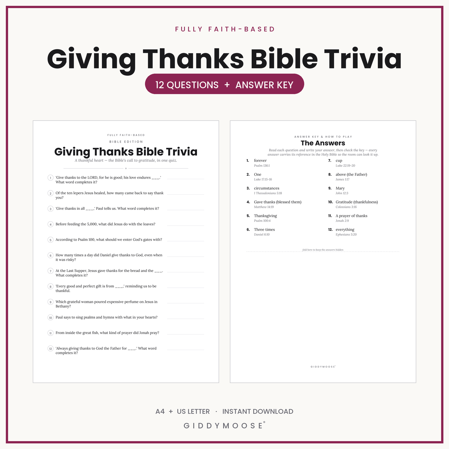 Giving Thanks Bible Trivia Printable