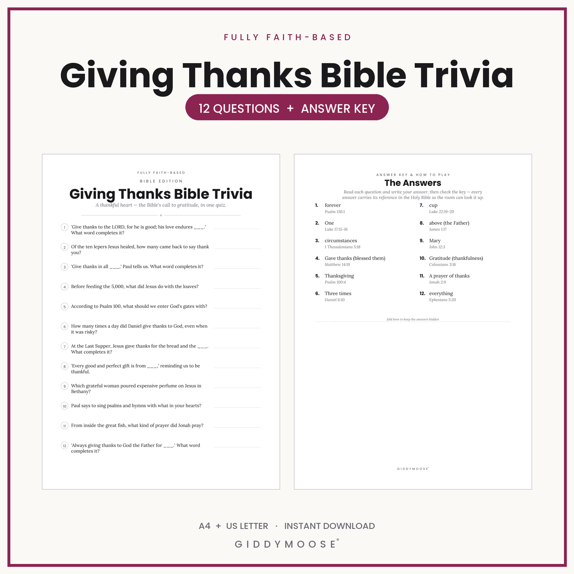 Giving Thanks Bible Trivia Printable