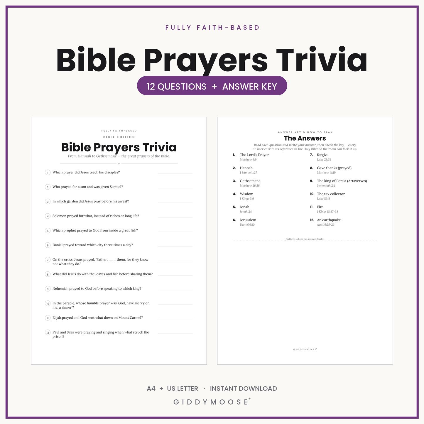 Bible Prayers Trivia Printable
