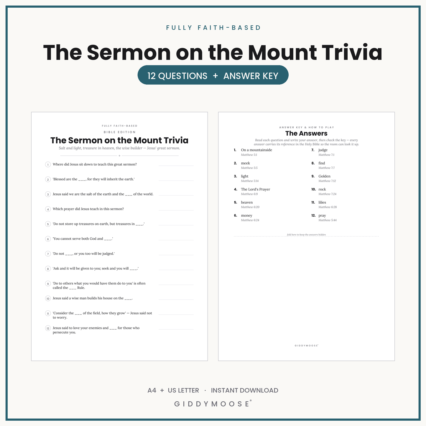 Sermon on the Mount Bible Trivia Printable