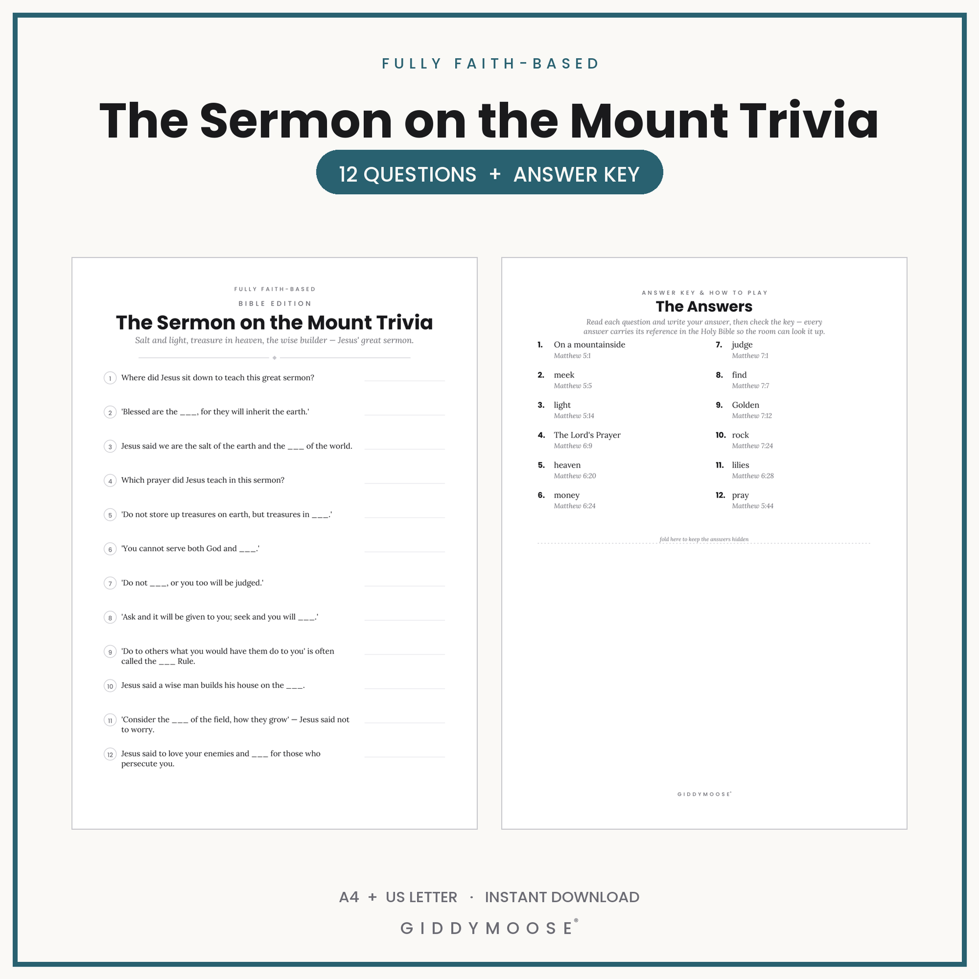 Sermon on the Mount Bible Trivia Printable