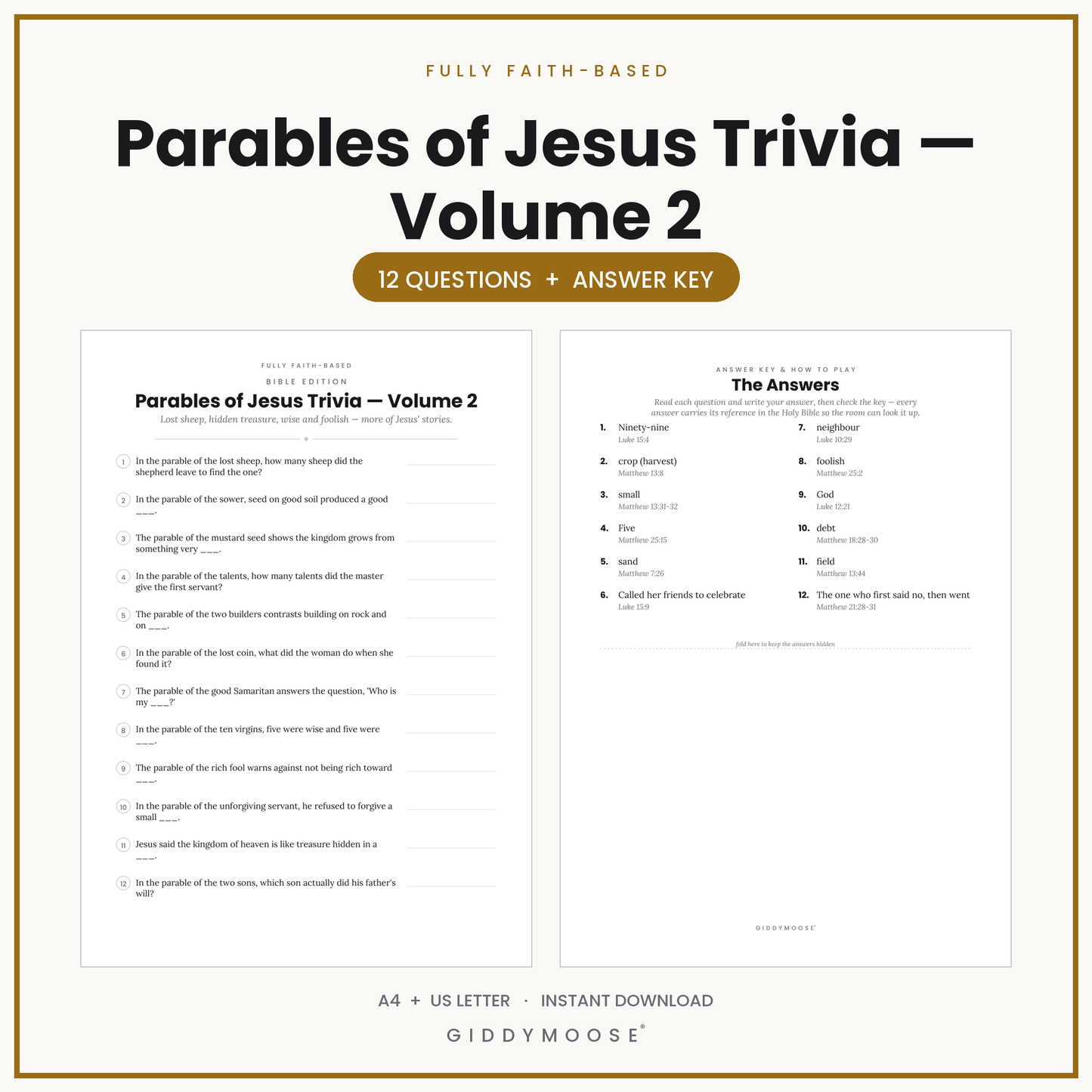 Parables of Jesus Bible Trivia Printable Vol 2