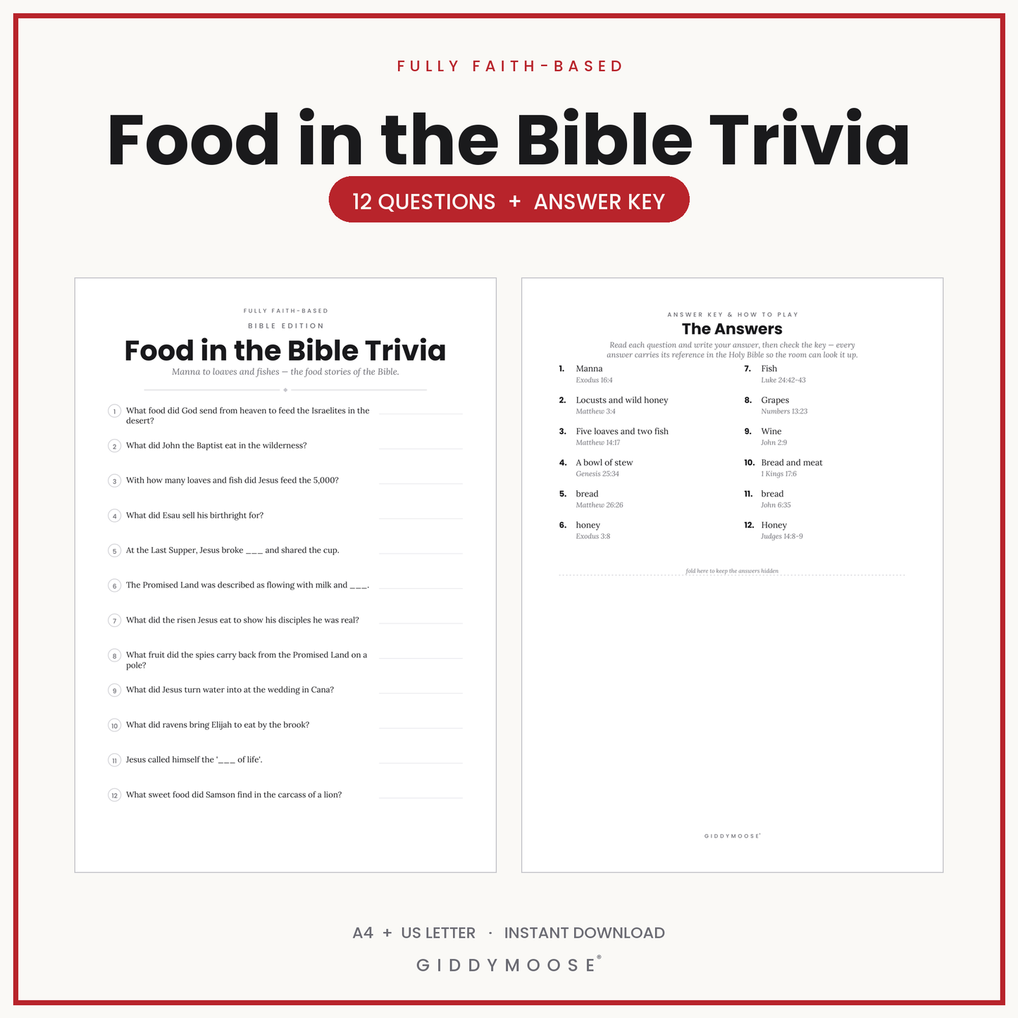 Food in the Bible Trivia Printable