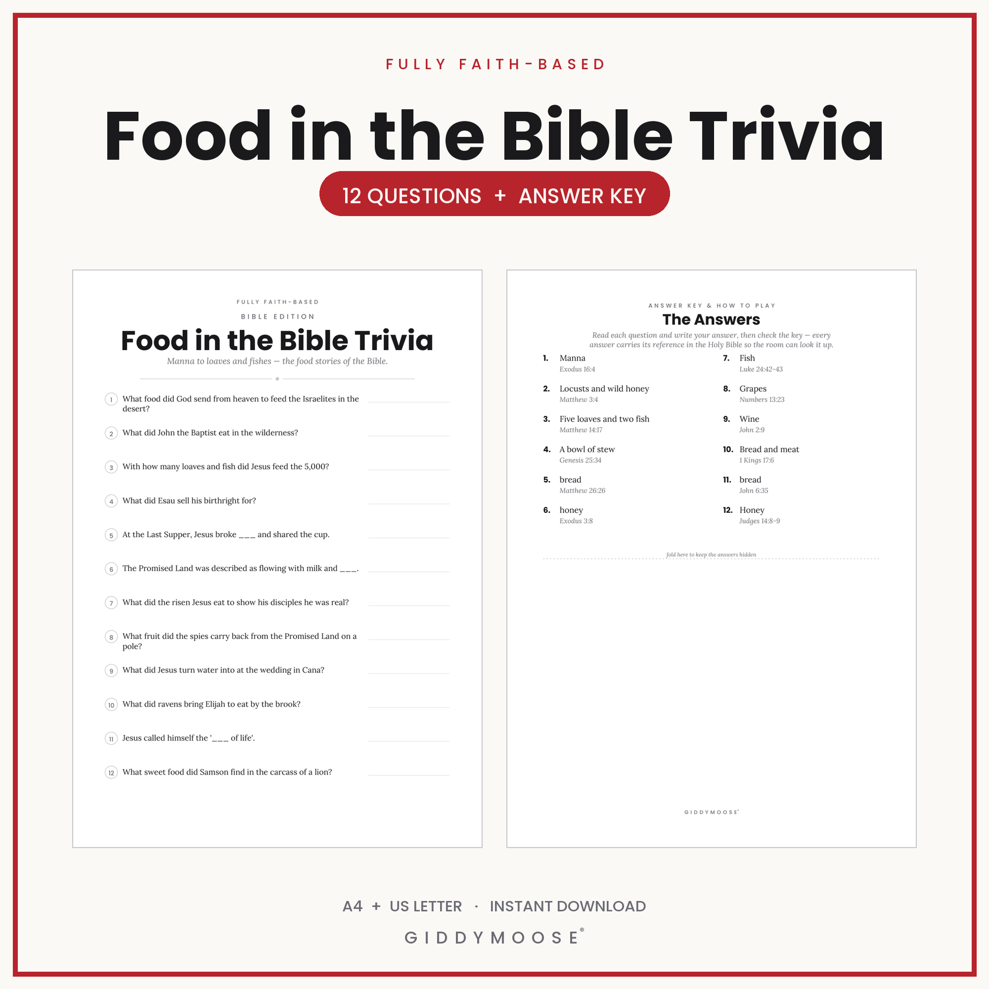Food in the Bible Trivia Printable
