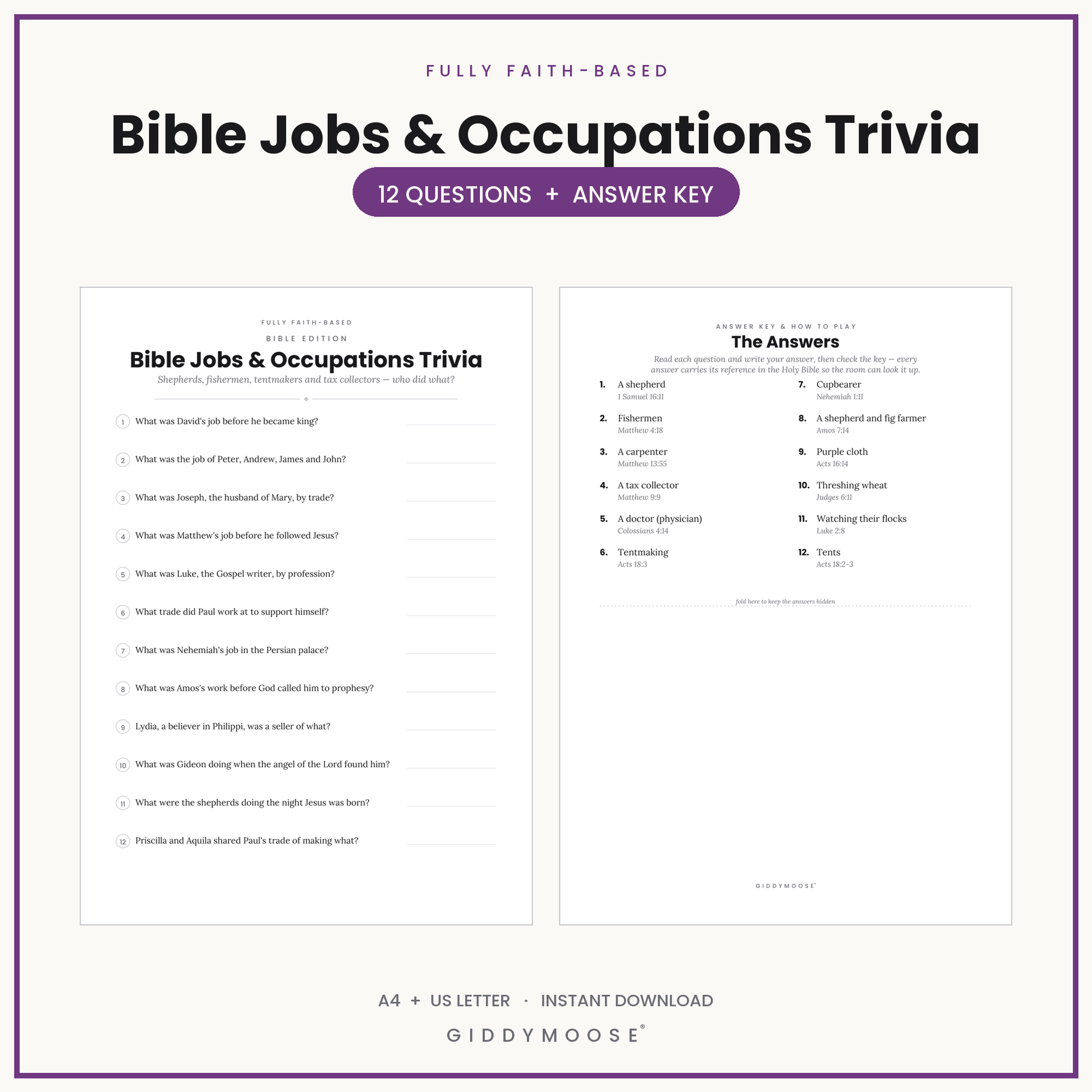 Bible Jobs and Occupations Trivia Printable
