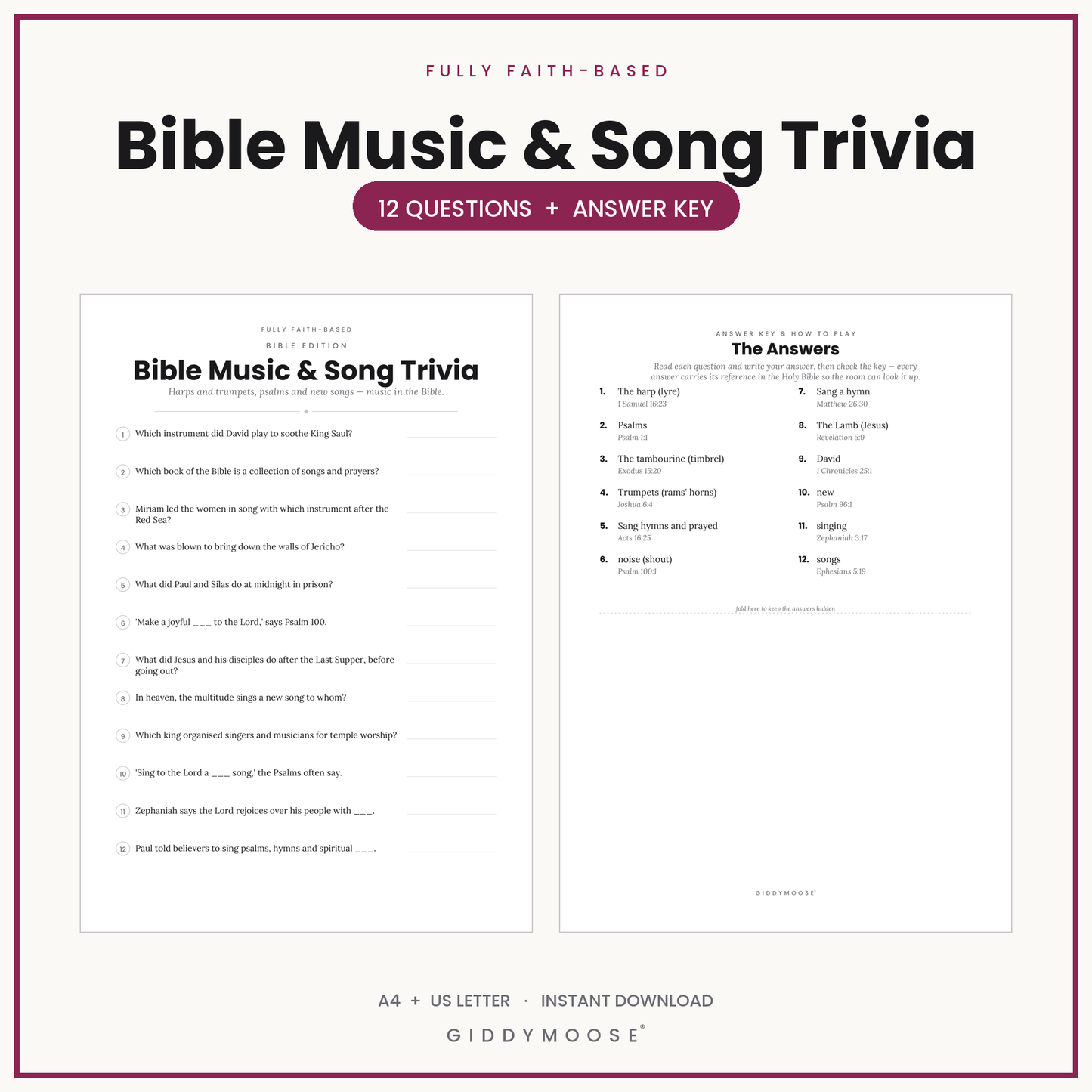 Bible Music and Song Trivia Printable