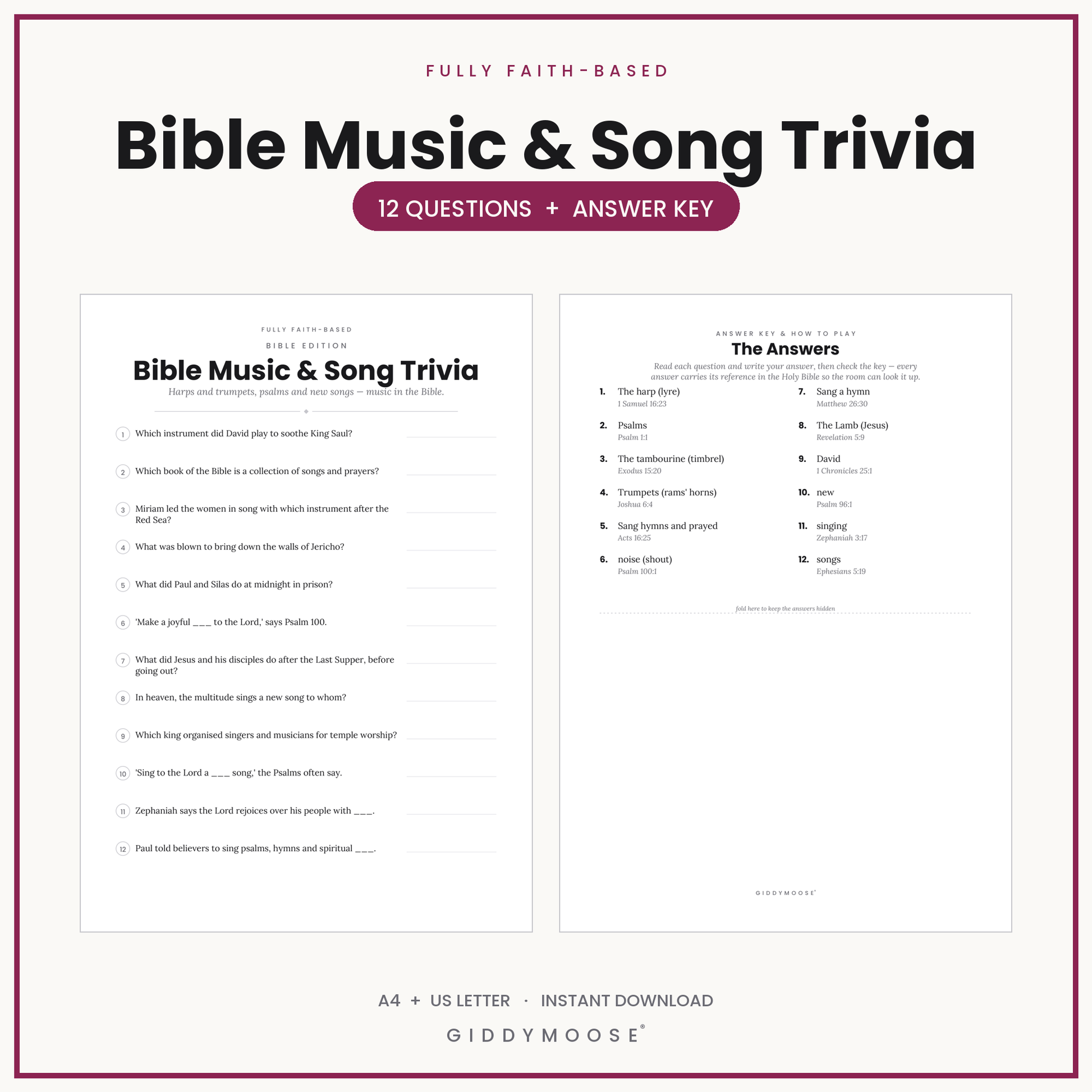 Bible Music and Song Trivia Printable
