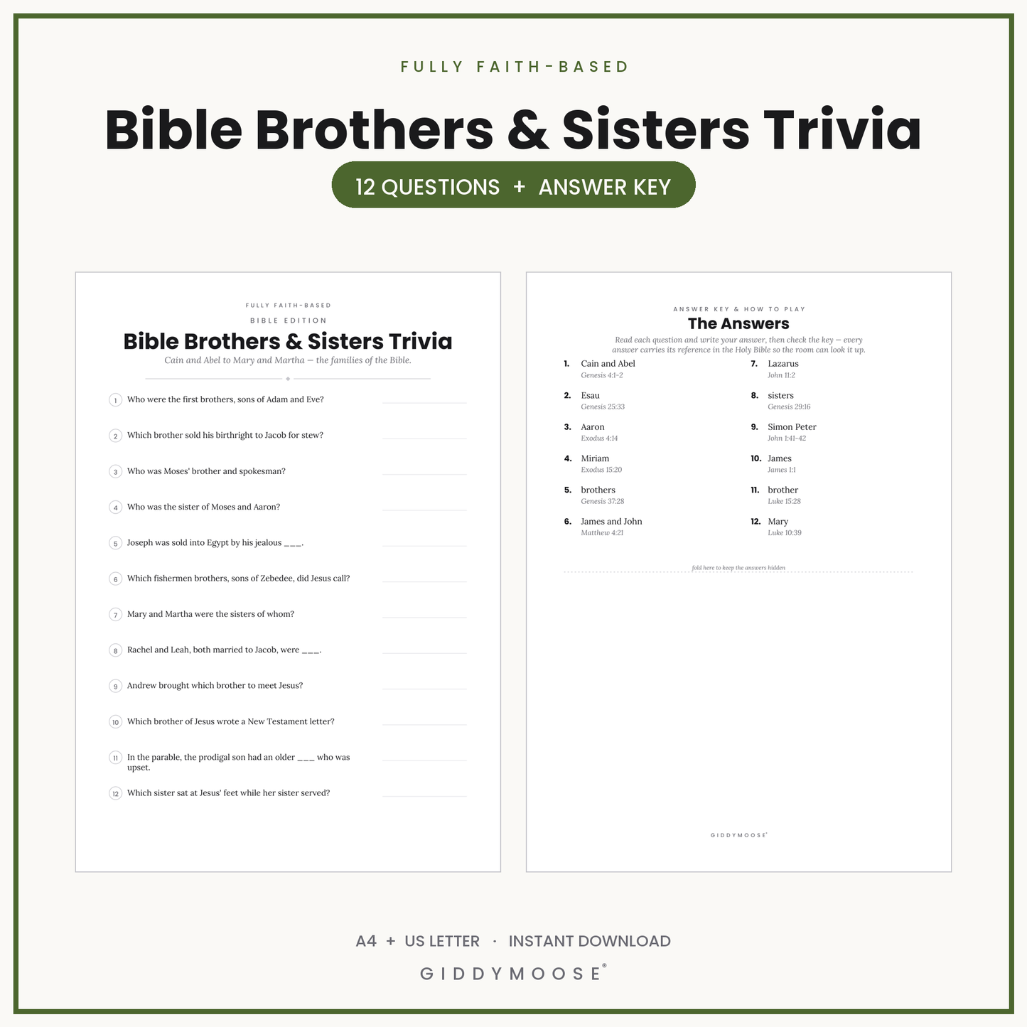 Bible Brothers and Sisters Trivia Printable