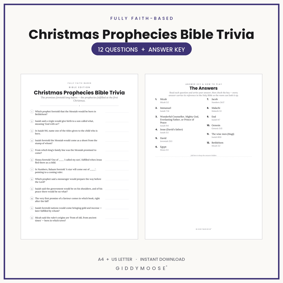 Christmas Prophecies Bible Trivia Printable