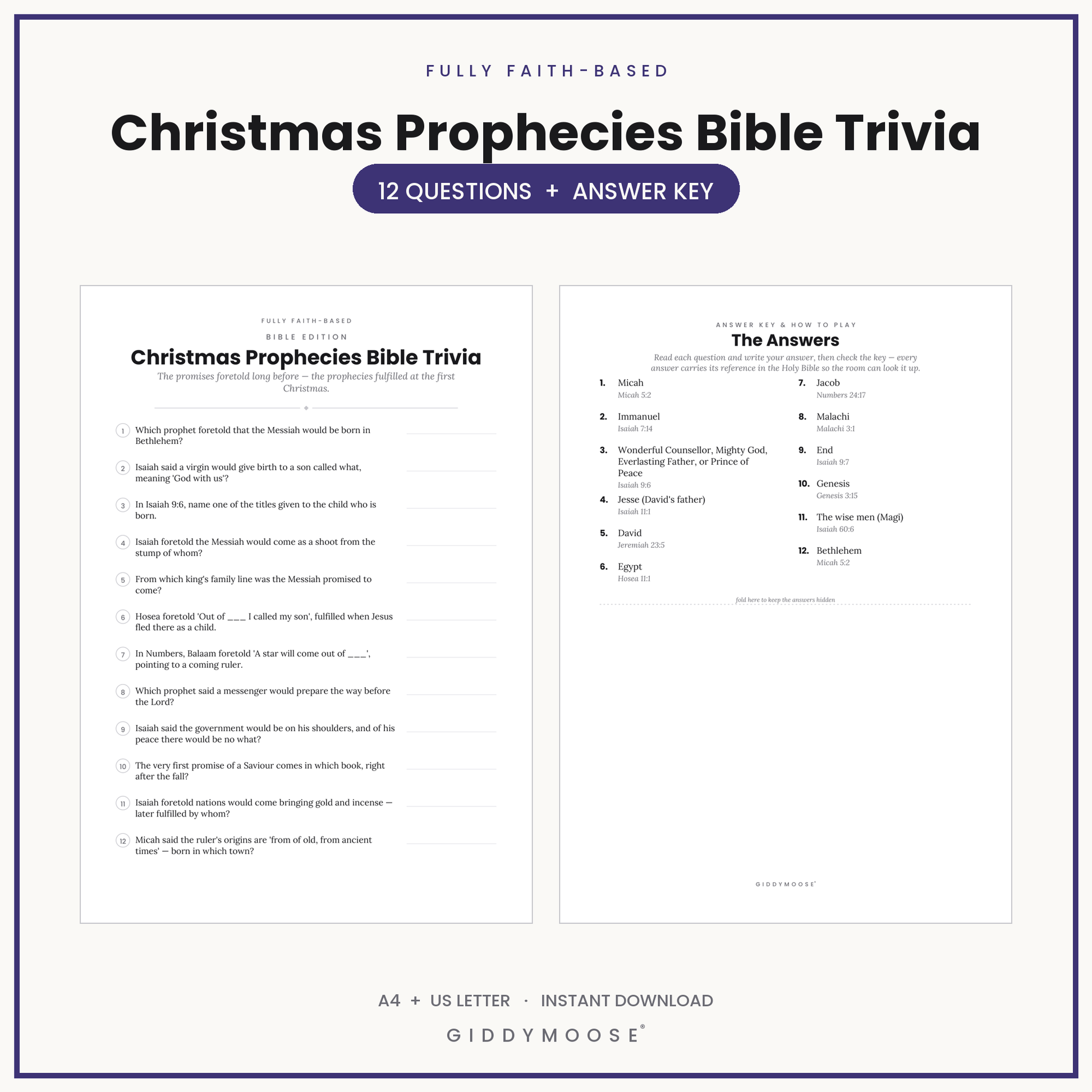 Christmas Prophecies Bible Trivia Printable