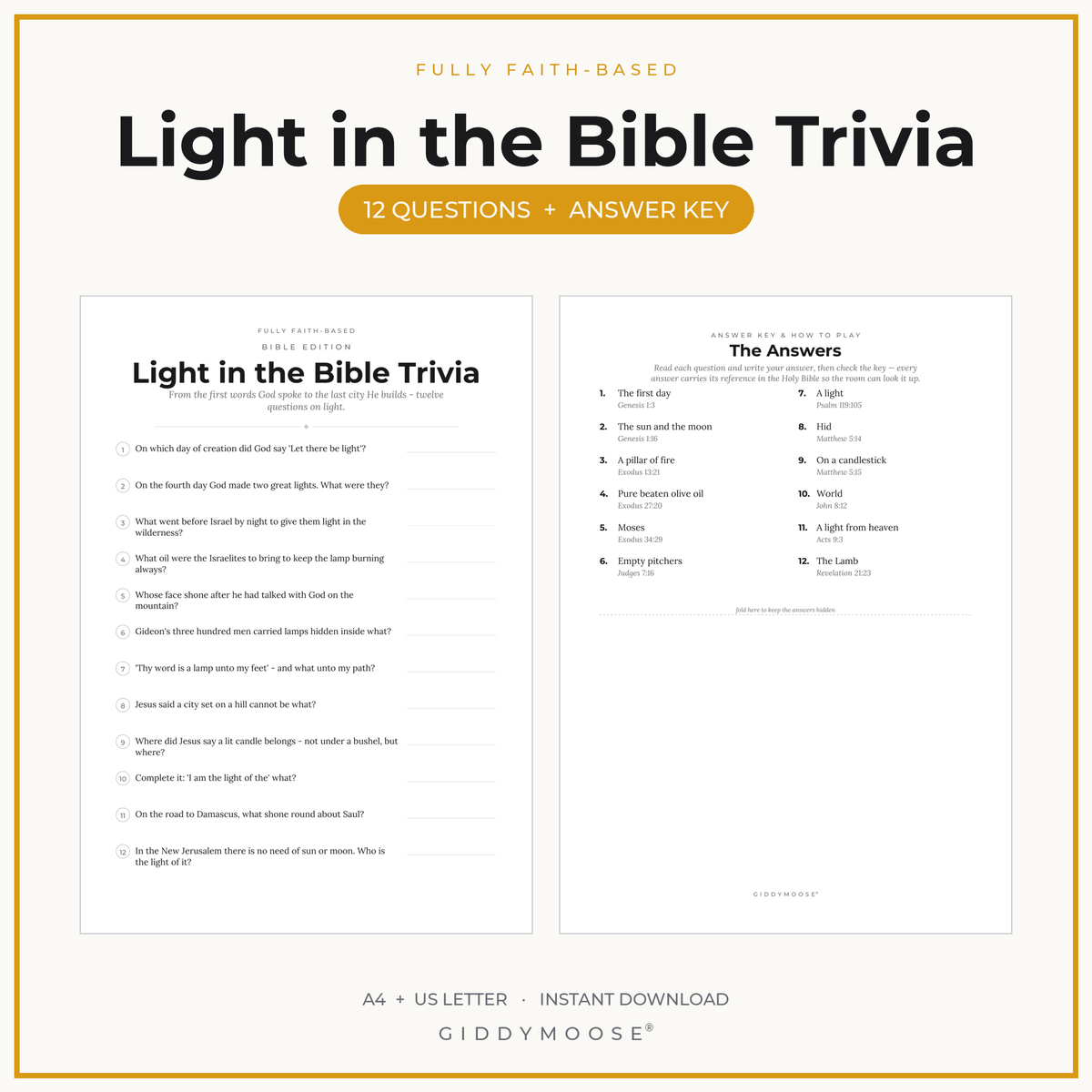 Light in the Bible Trivia Printable