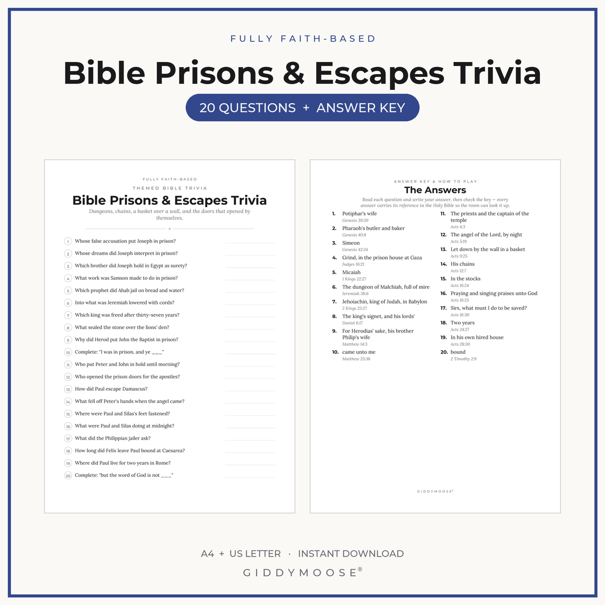Bible Prisons and Escapes Trivia Printable