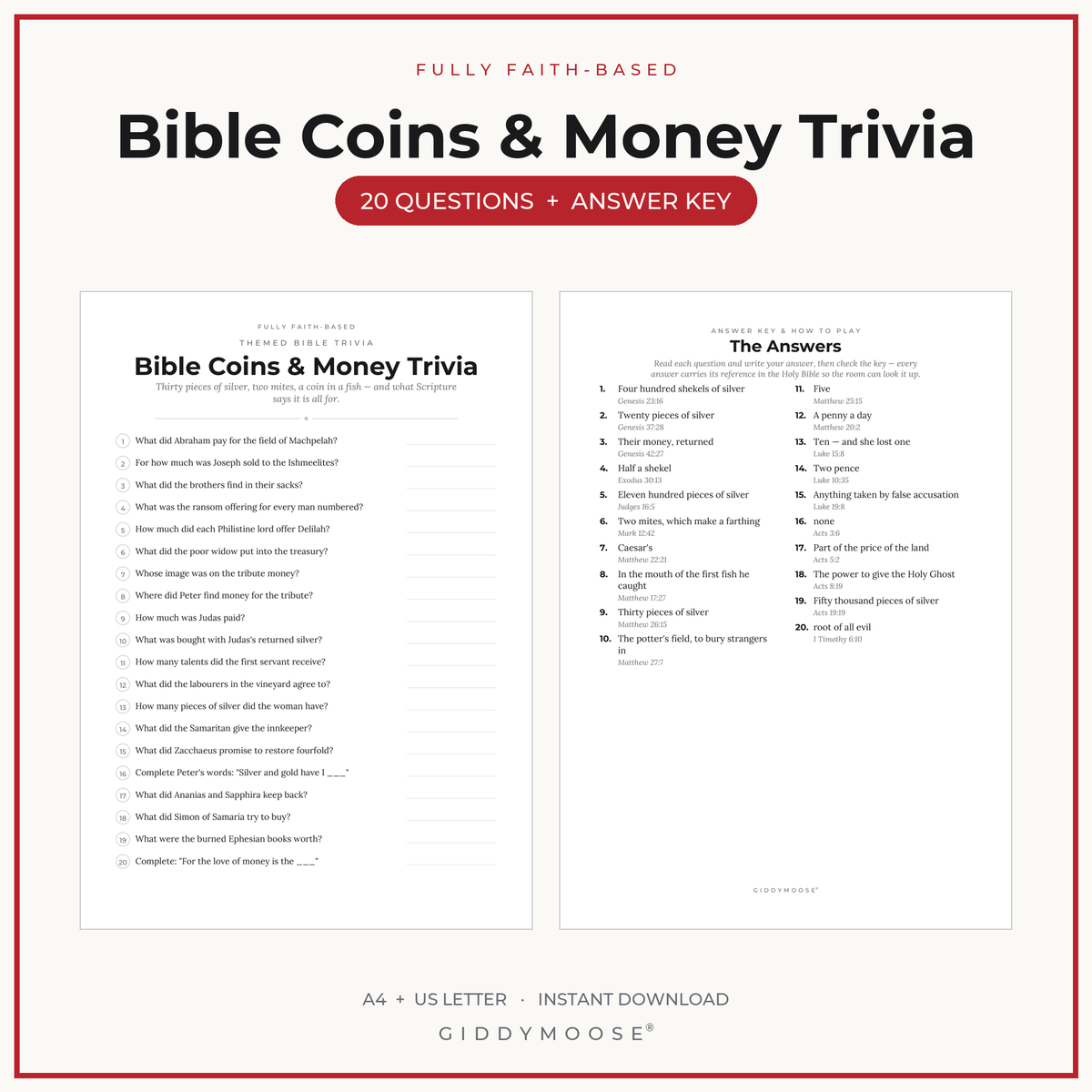 Bible Money and Coins Trivia Printable
