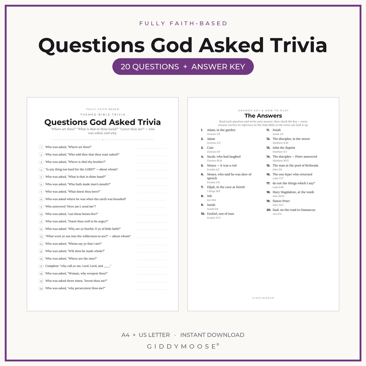 Questions God Asked Bible Trivia Printable