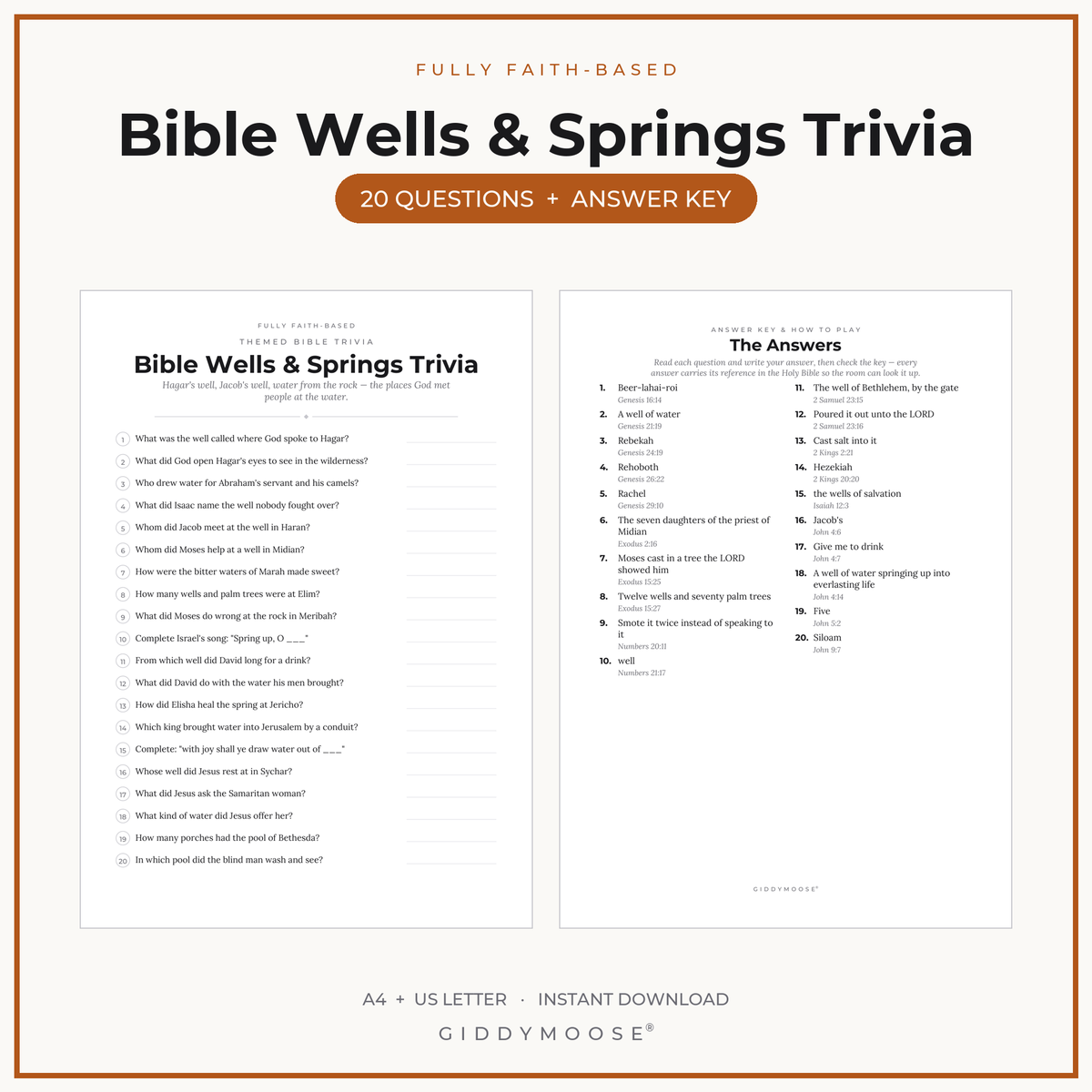 Bible Wells and Springs Trivia Printable