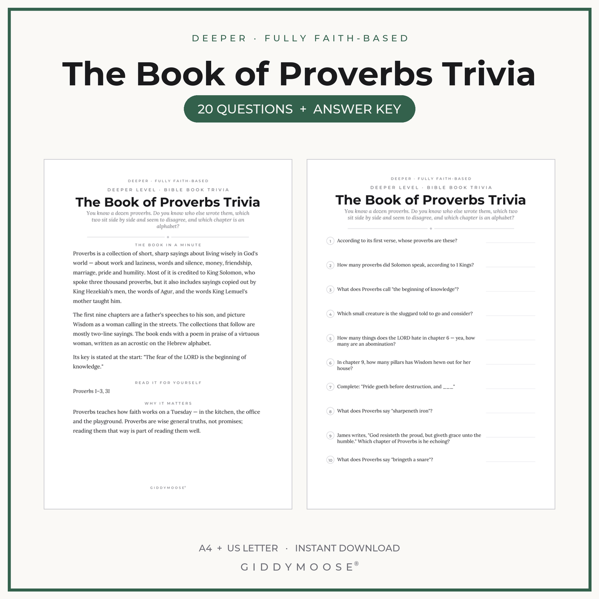 Book of Proverbs Bible Trivia Printable