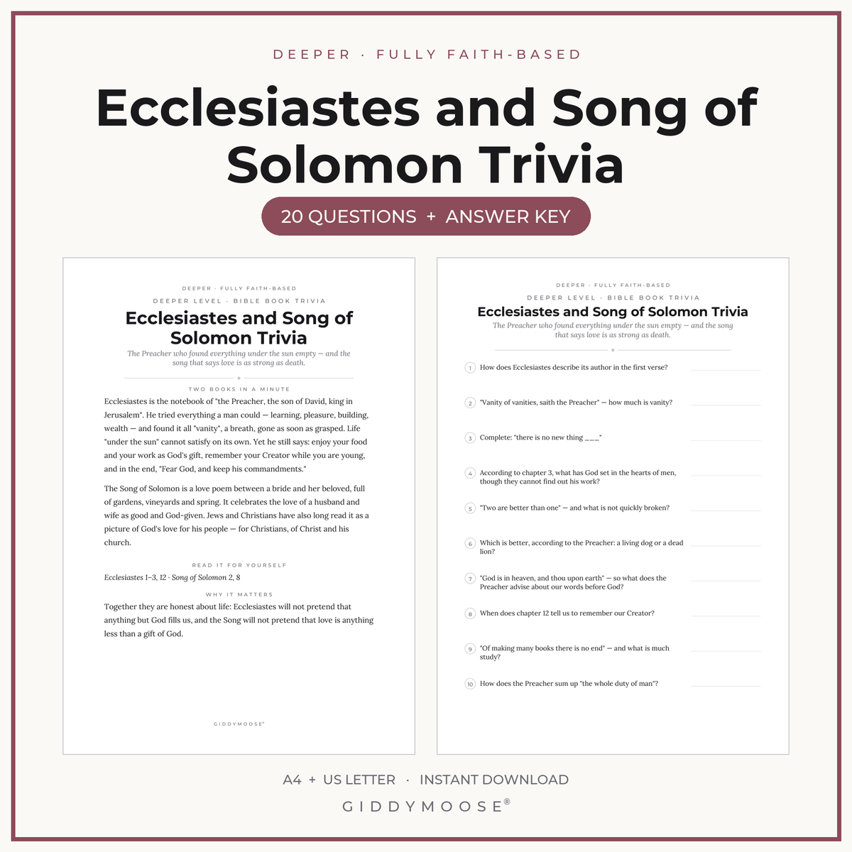 Ecclesiastes and Song of Solomon Bible Trivia Printable