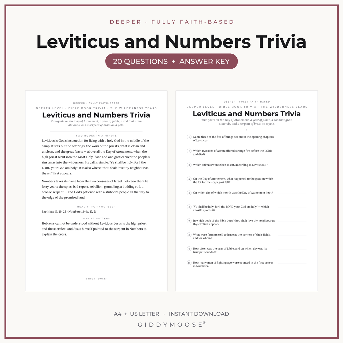 Leviticus and Numbers Bible Trivia Printable