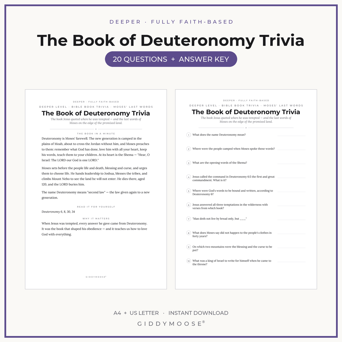 Book of Deuteronomy Bible Trivia Printable