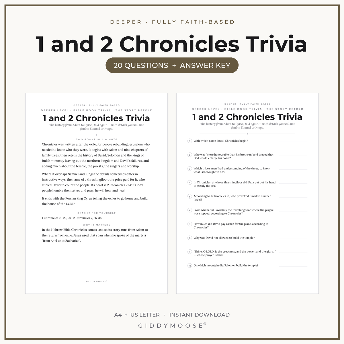 1 and 2 Chronicles Bible Trivia Printable
