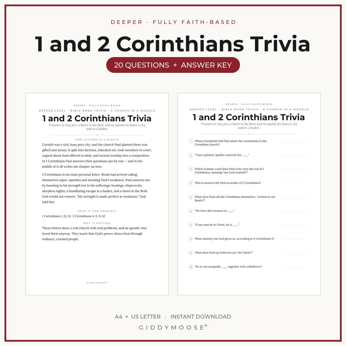 1 and 2 Corinthians Bible Trivia Printable