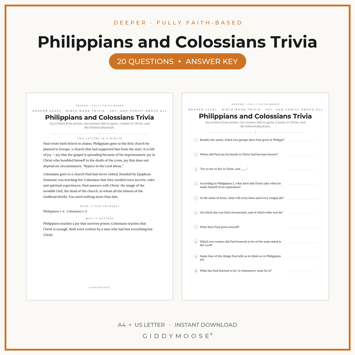 Philippians and Colossians Bible Trivia Printable
