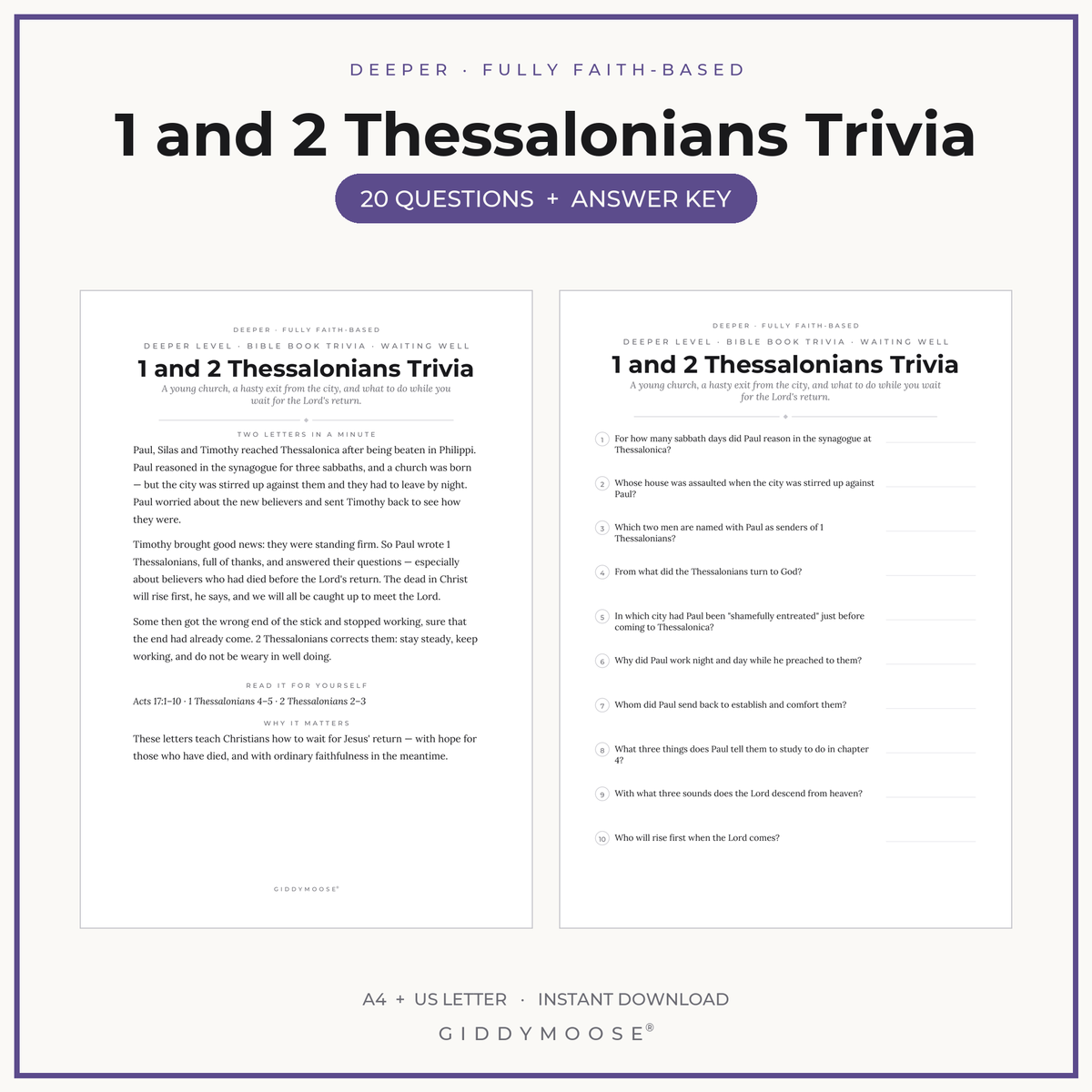 1 and 2 Thessalonians Bible Trivia Printable