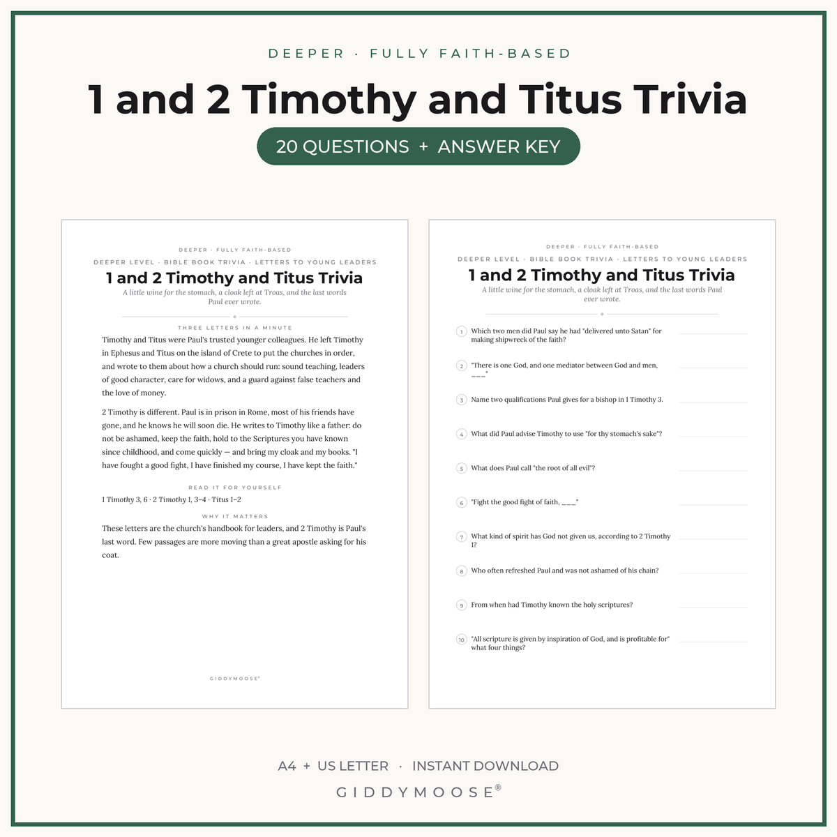 Timothy and Titus Bible Trivia Printable