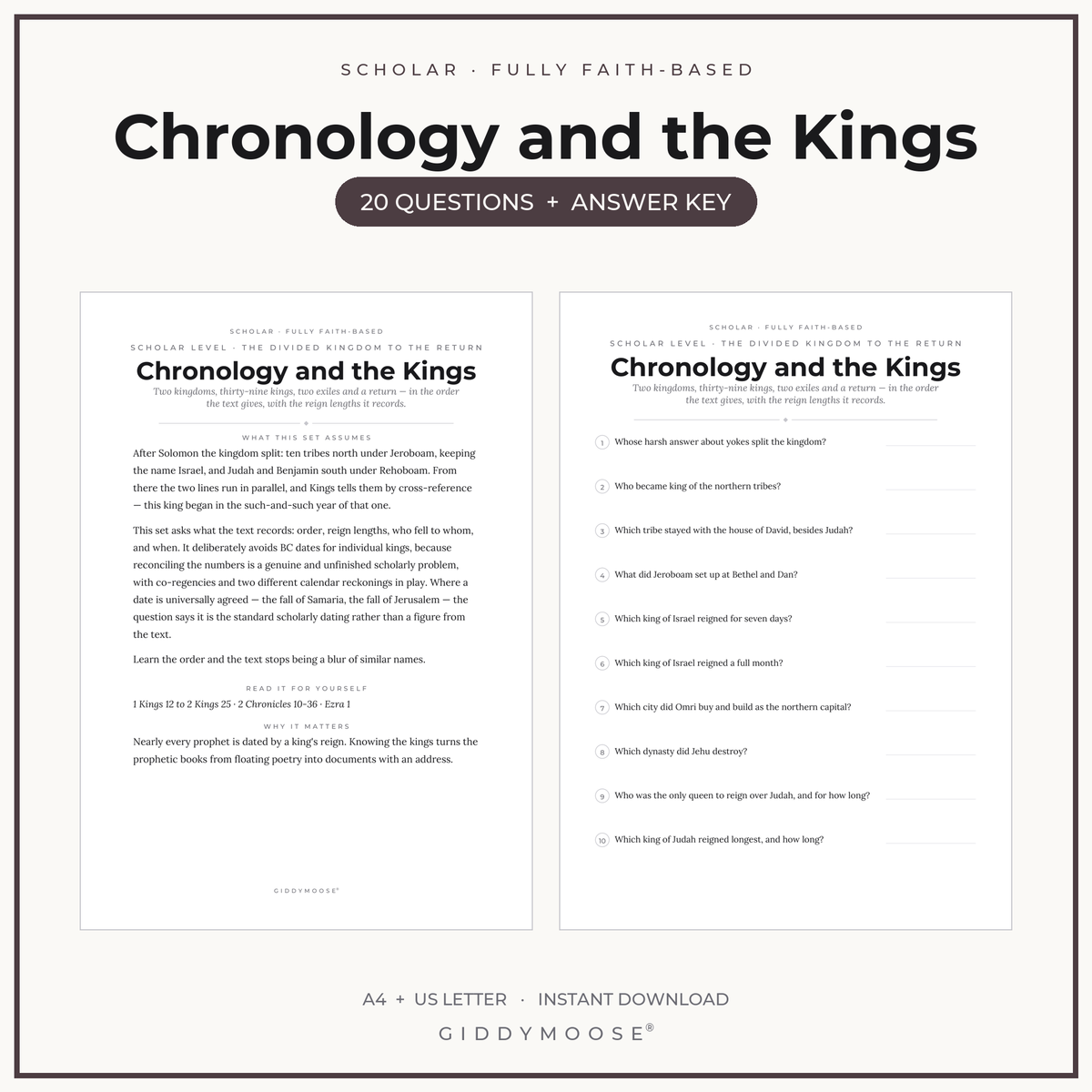 Bible Chronology and Kings Trivia Printable