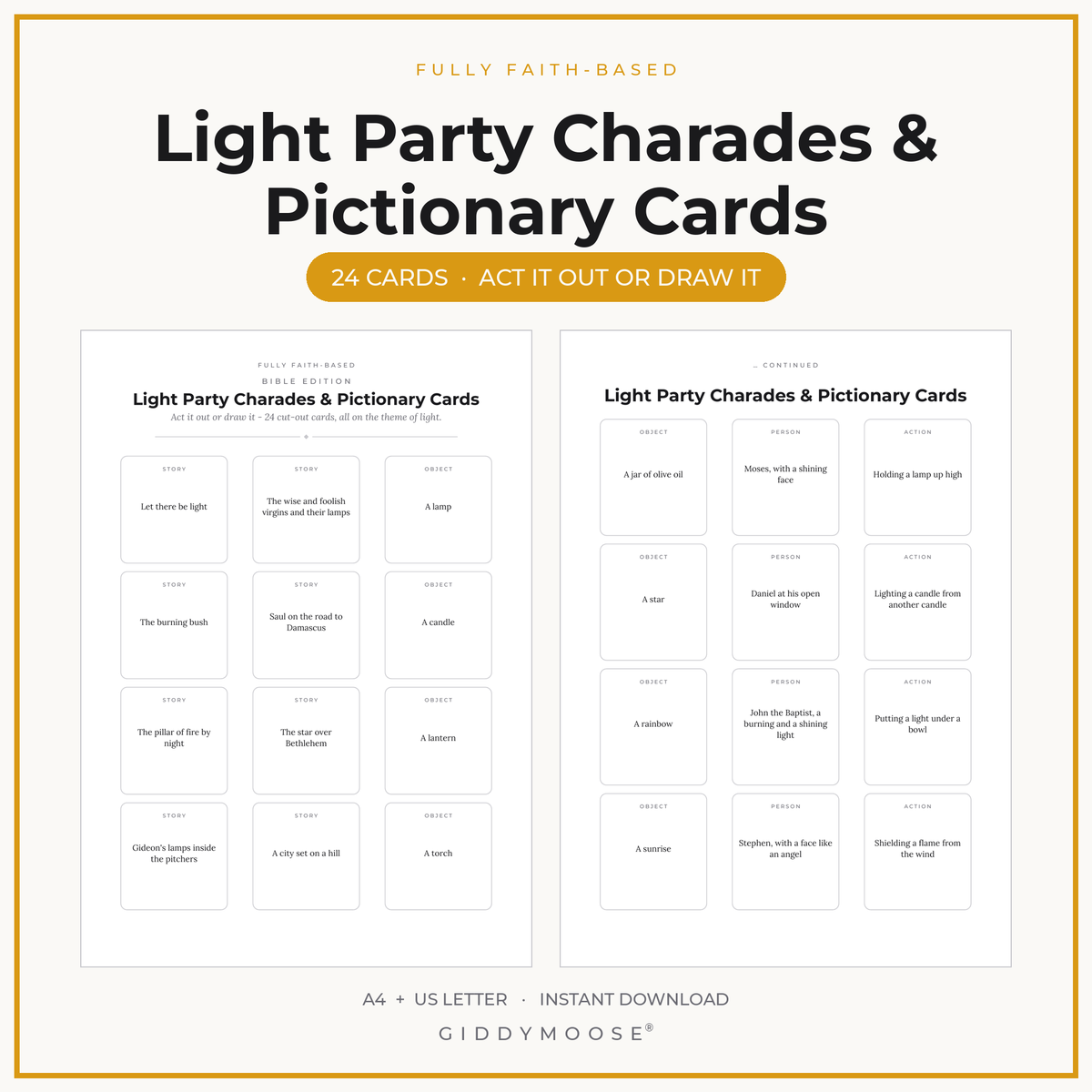 Light Party Charades and Pictionary Printable