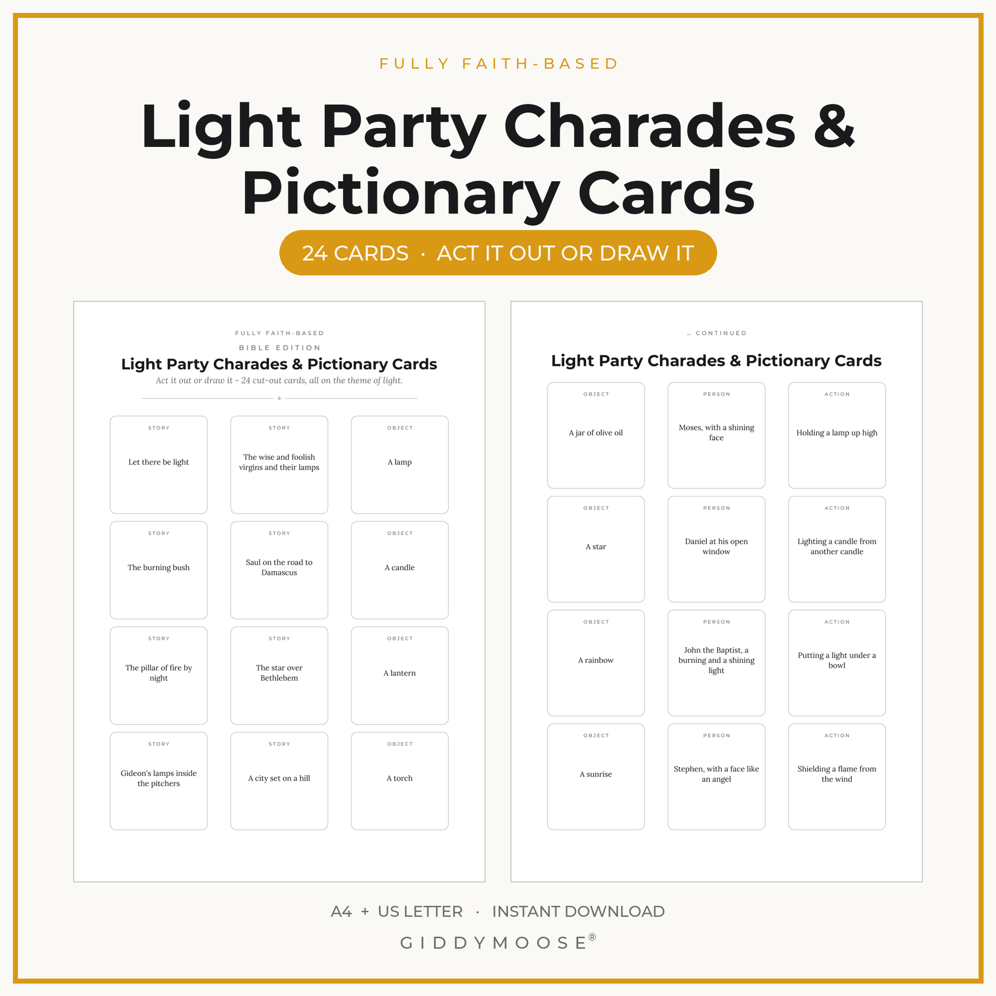 Light Party Charades and Pictionary Printable