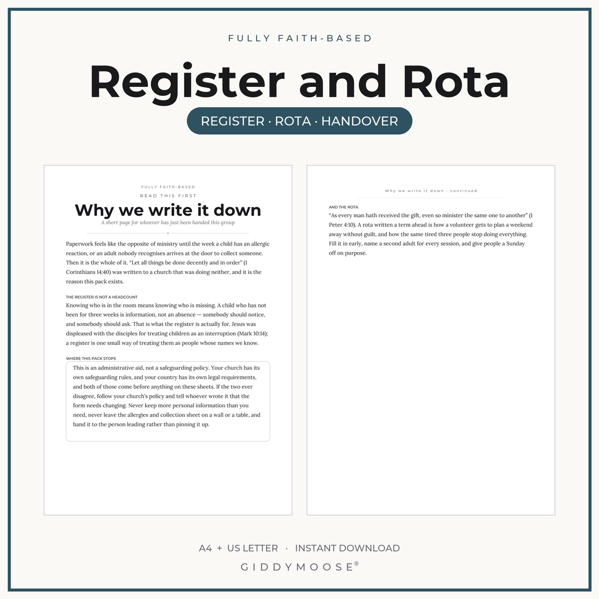 Editable Sunday School Register and Volunteer Rota Printable