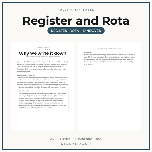 Editable Sunday School Register and Volunteer Rota Printable