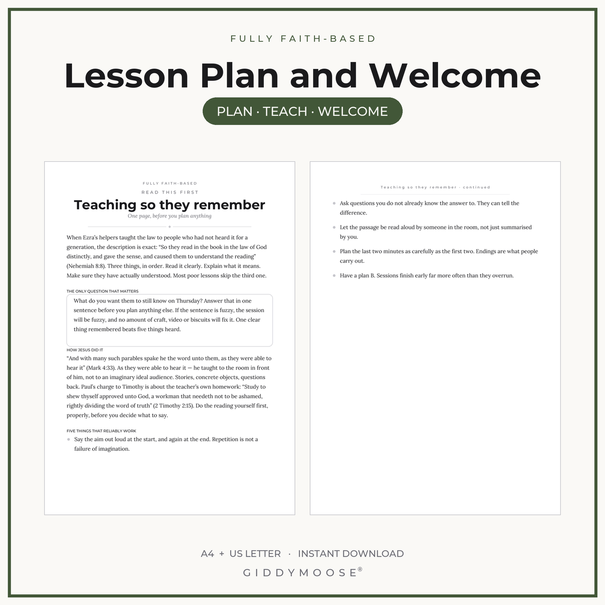 Editable Bible Lesson Plan Template and Visitor Welcome Cards Printable